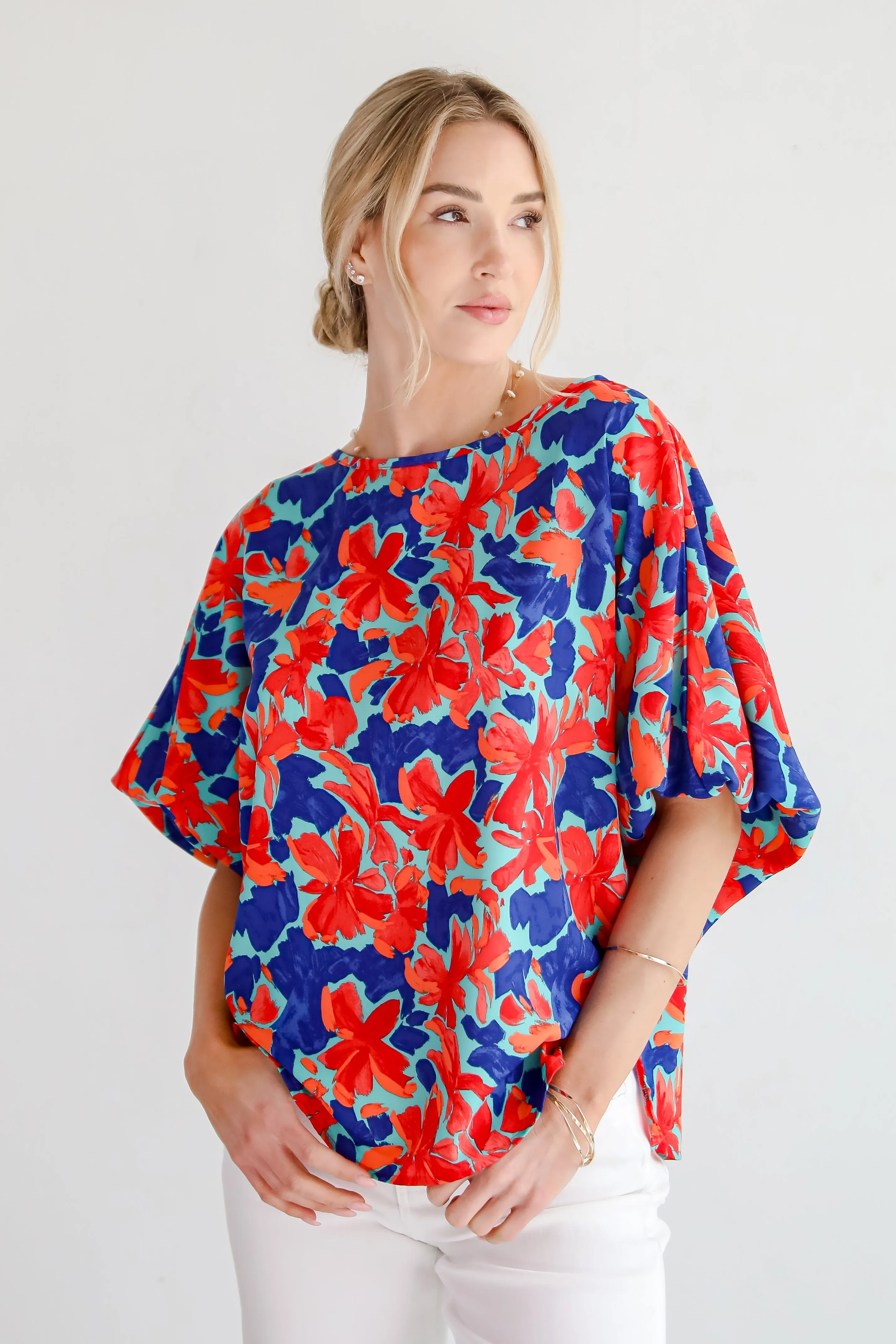 Adoring Whimsy Teal Floral Blouse
