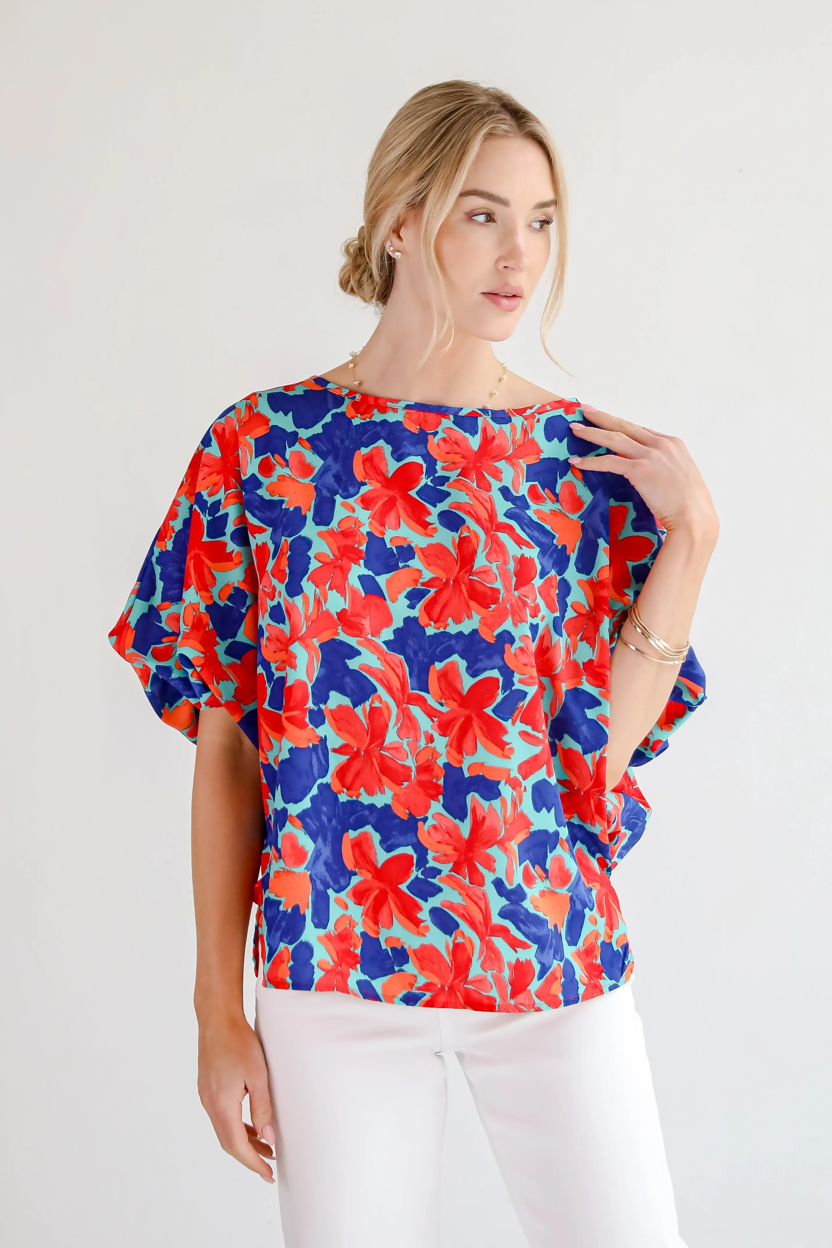 Adoring Whimsy Teal Floral Blouse