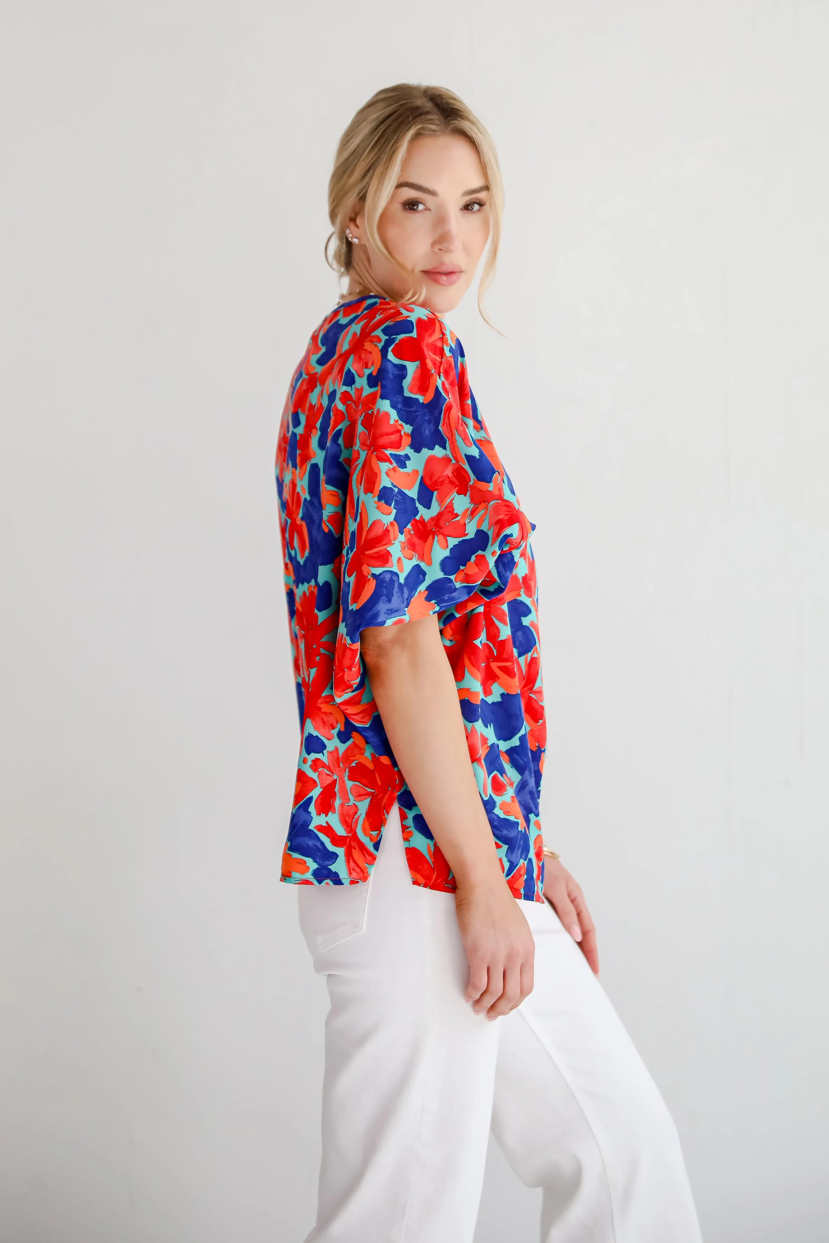 Adoring Whimsy Teal Floral Blouse