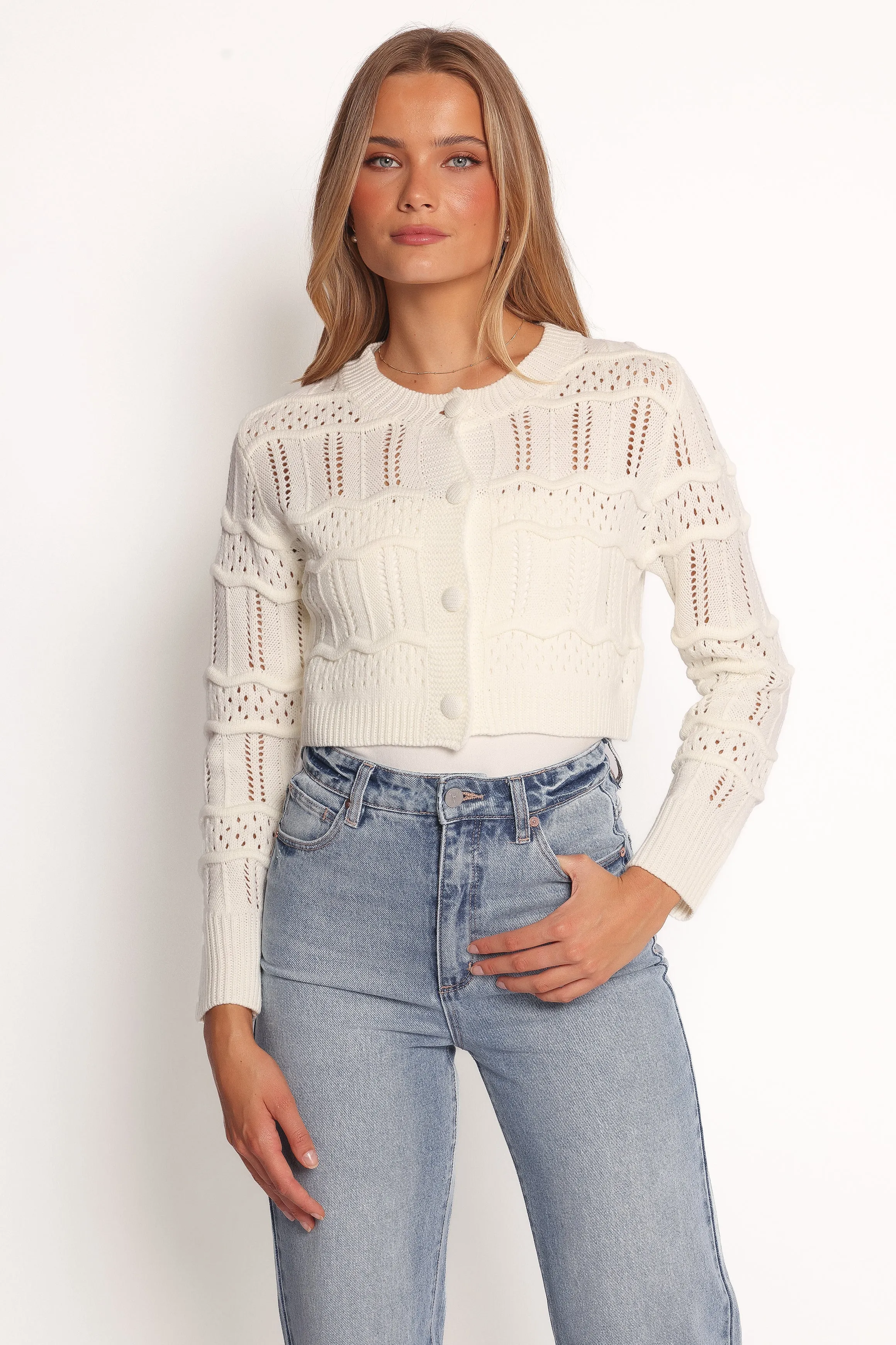 Aidy Crop Button Front Cardigan - White