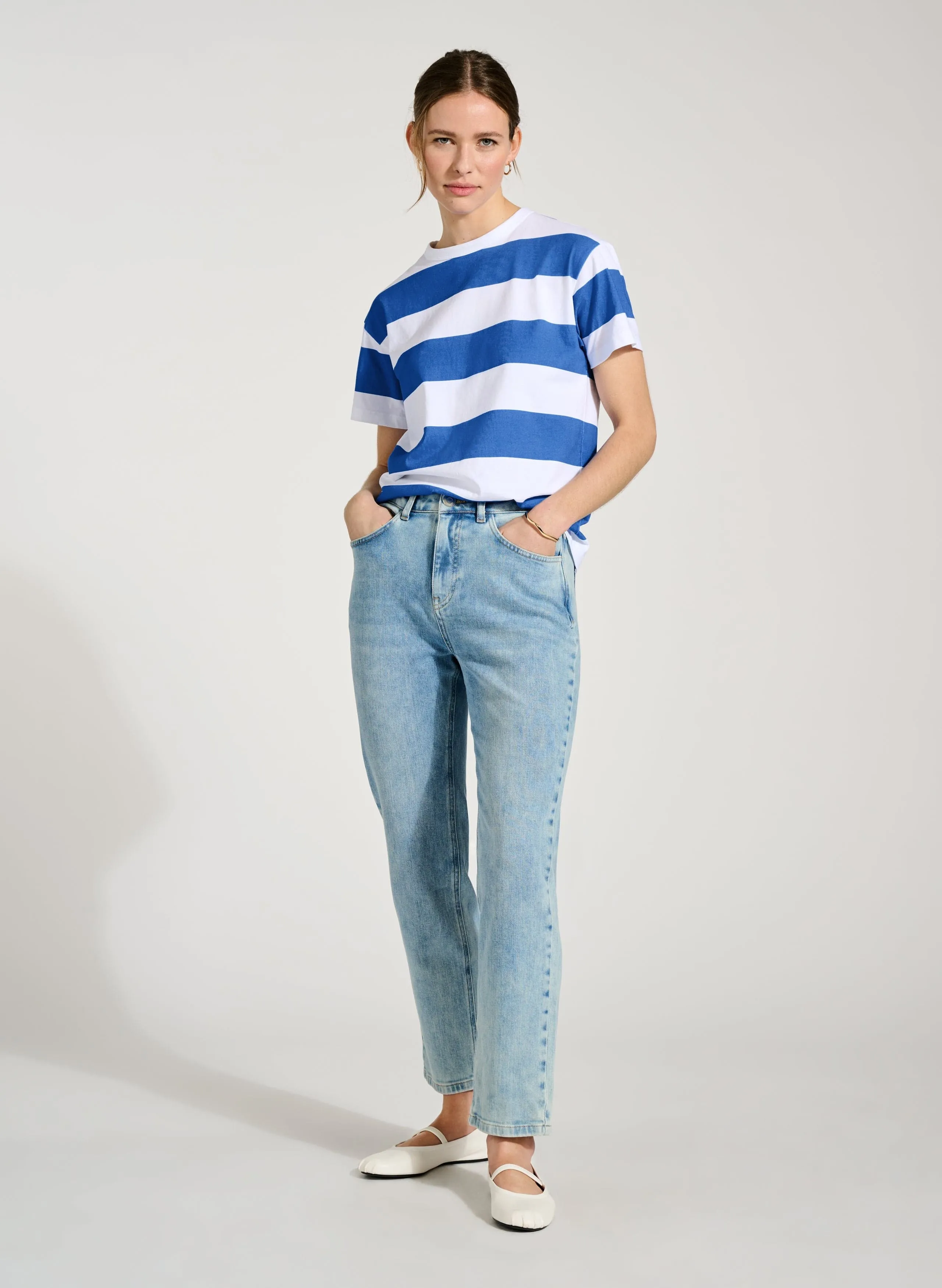 Beryl Regenerative Cotton Tee | Pure White & Azure Blue Stripe