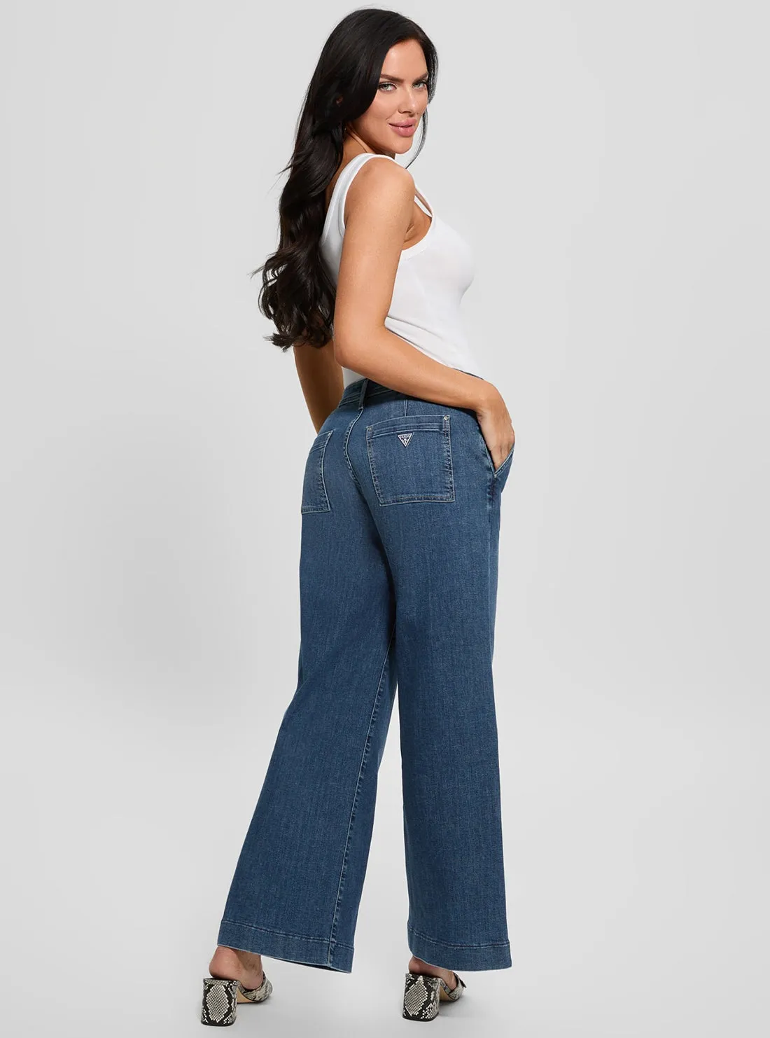 Blue Zoya Wide Leg Cropped Jeans in Mid Wash