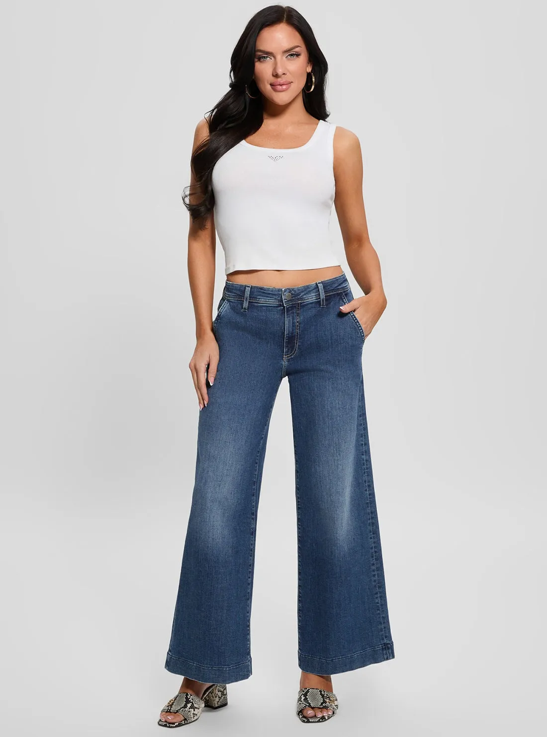 Blue Zoya Wide Leg Cropped Jeans in Mid Wash