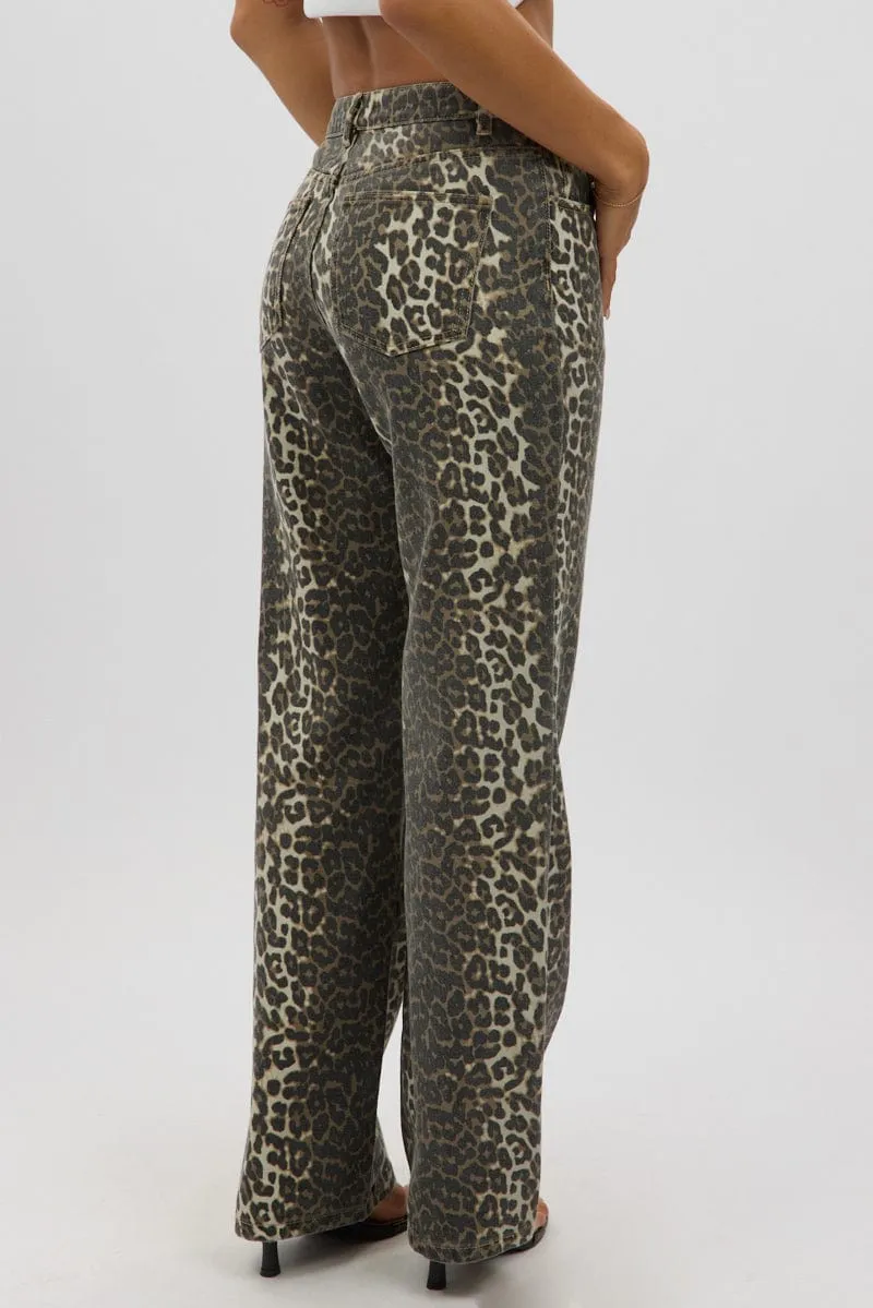 Brown Animal Print Baggy Jeans Leopard Pattern