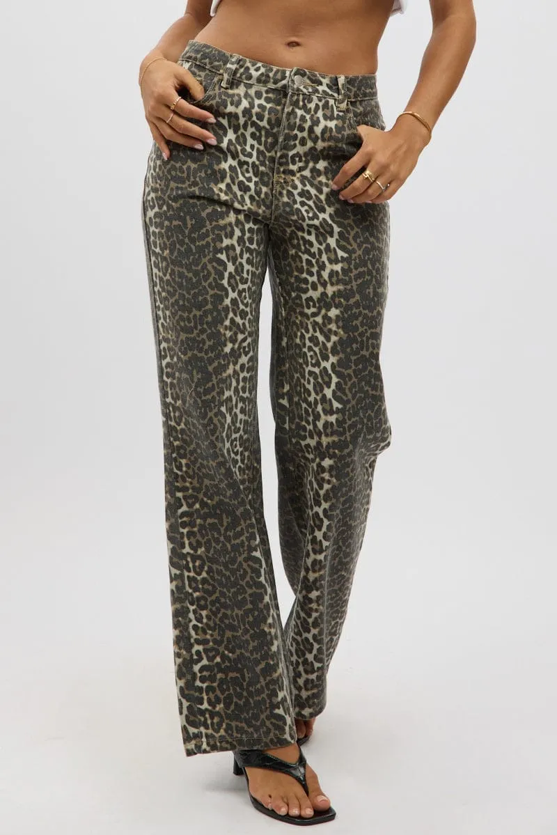 Brown Animal Print Baggy Jeans Leopard Pattern