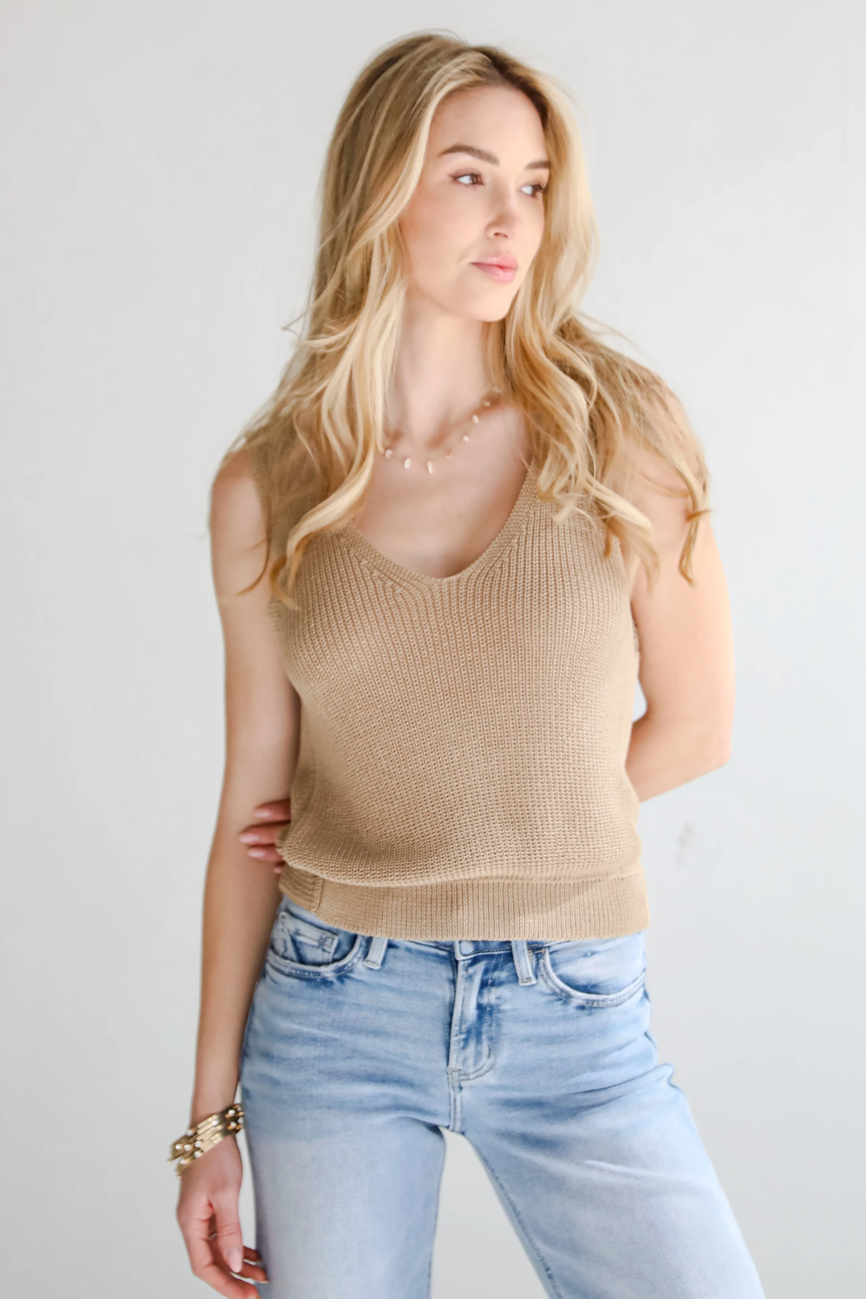 Captivating Delight Taupe Twist Back Knit Tank