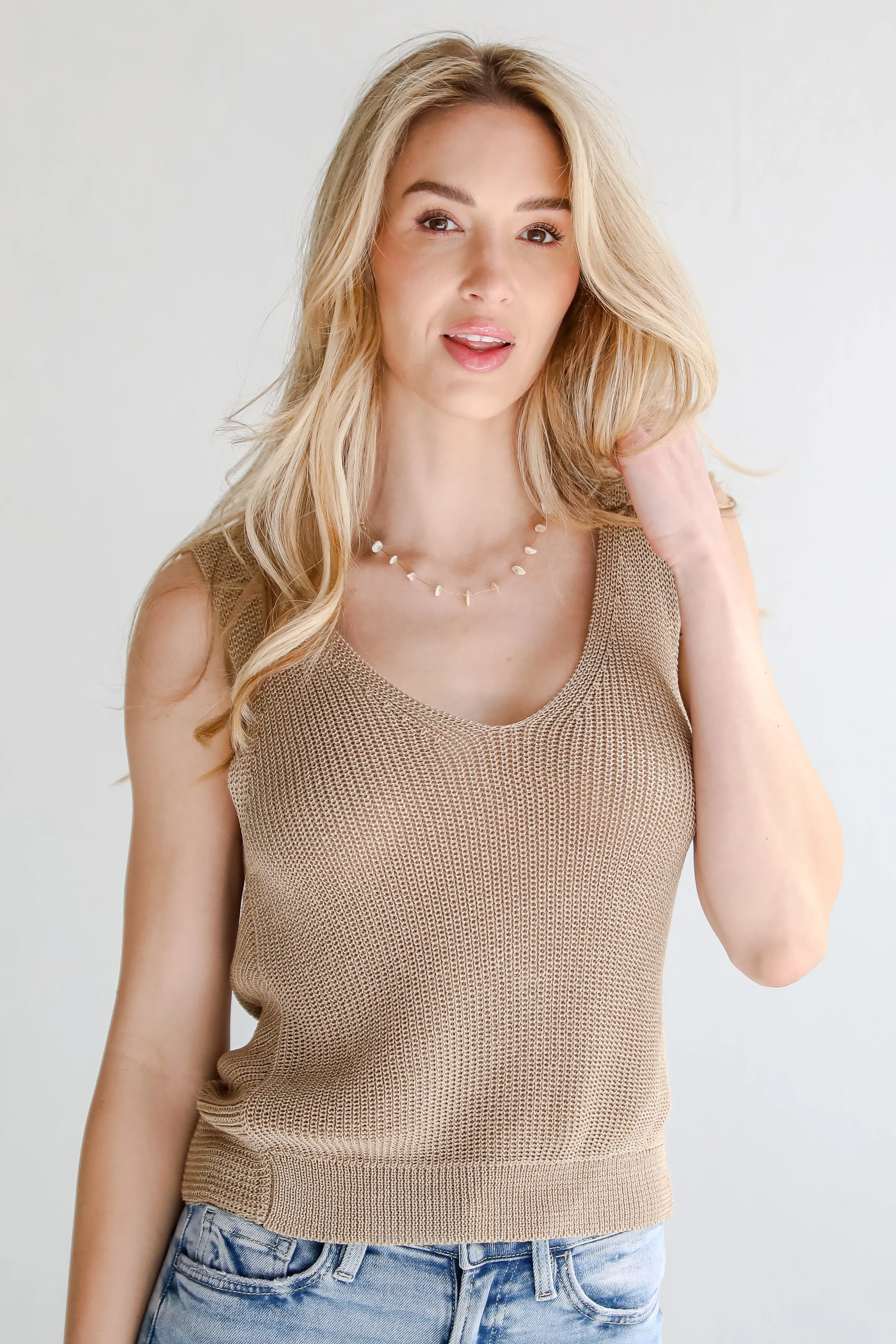 Captivating Delight Taupe Twist Back Knit Tank