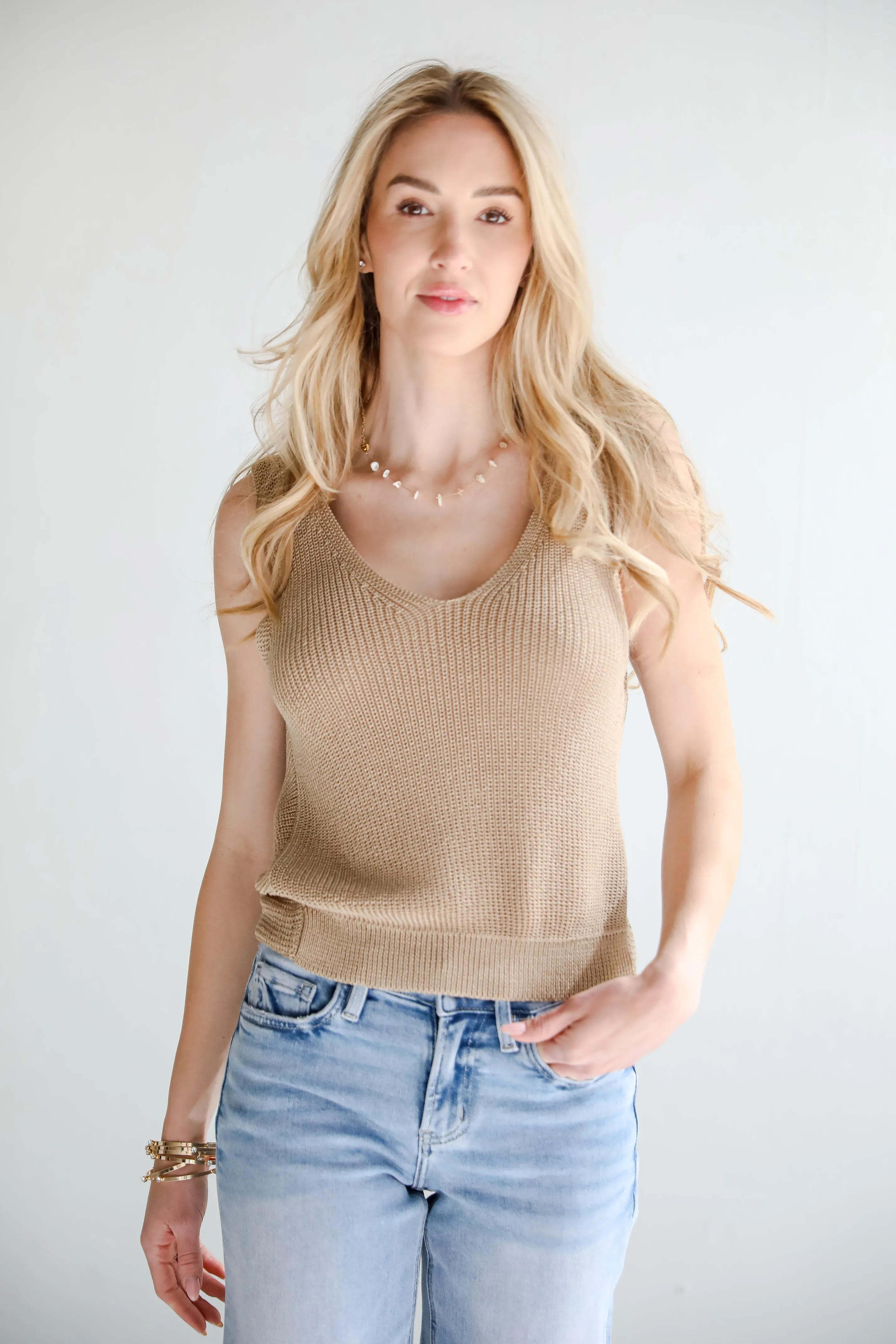 Captivating Delight Taupe Twist Back Knit Tank