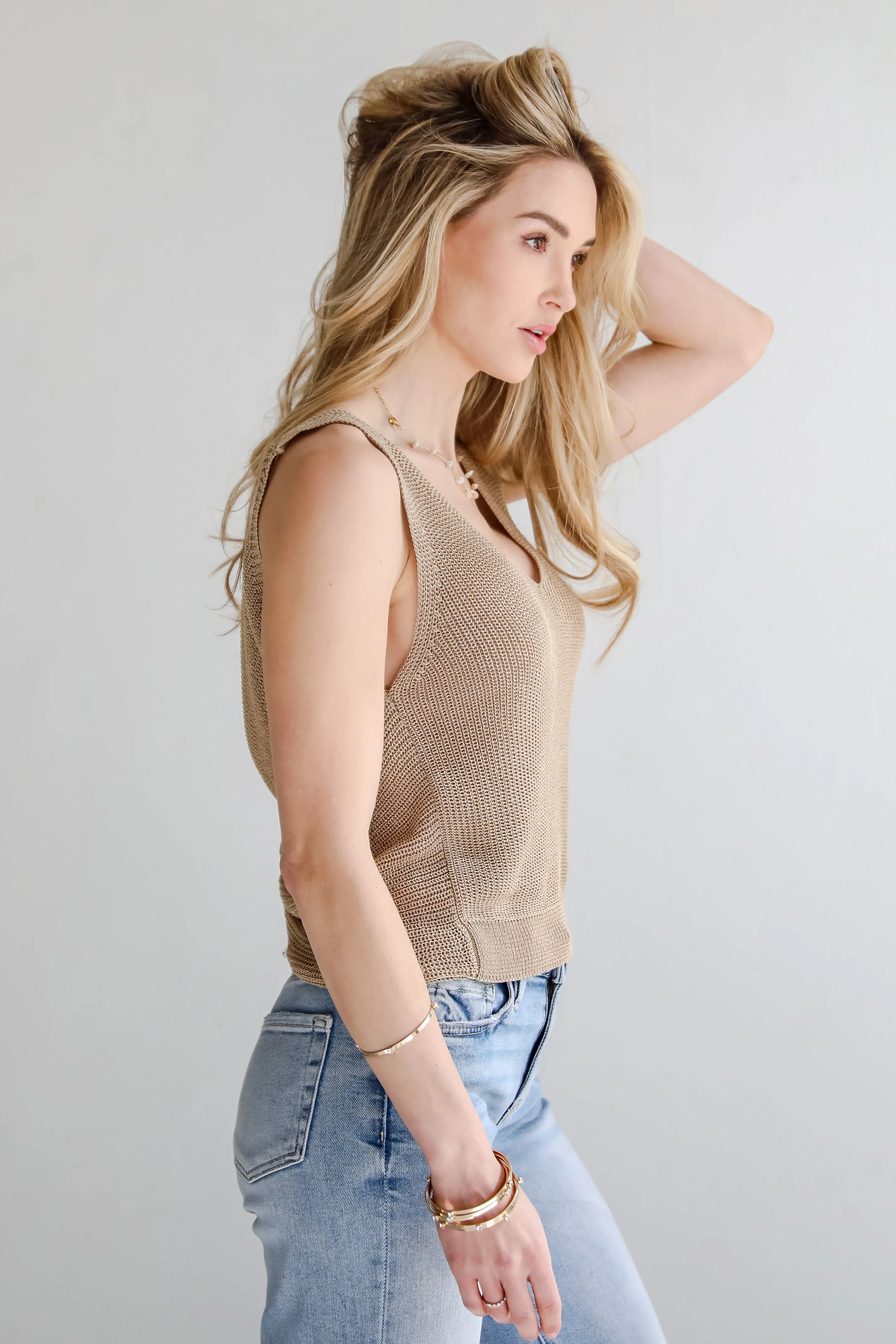 Captivating Delight Taupe Twist Back Knit Tank