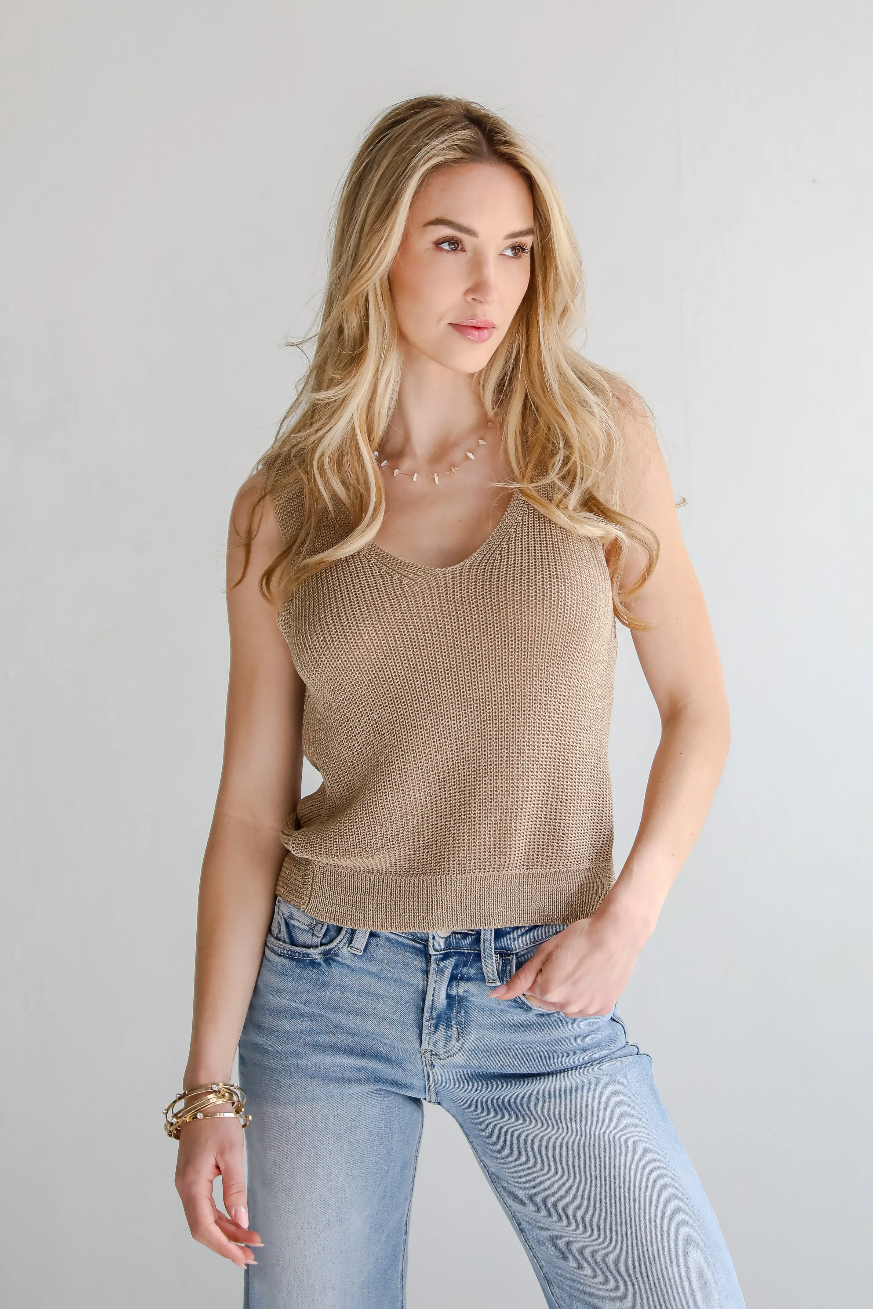 Captivating Delight Taupe Twist Back Knit Tank