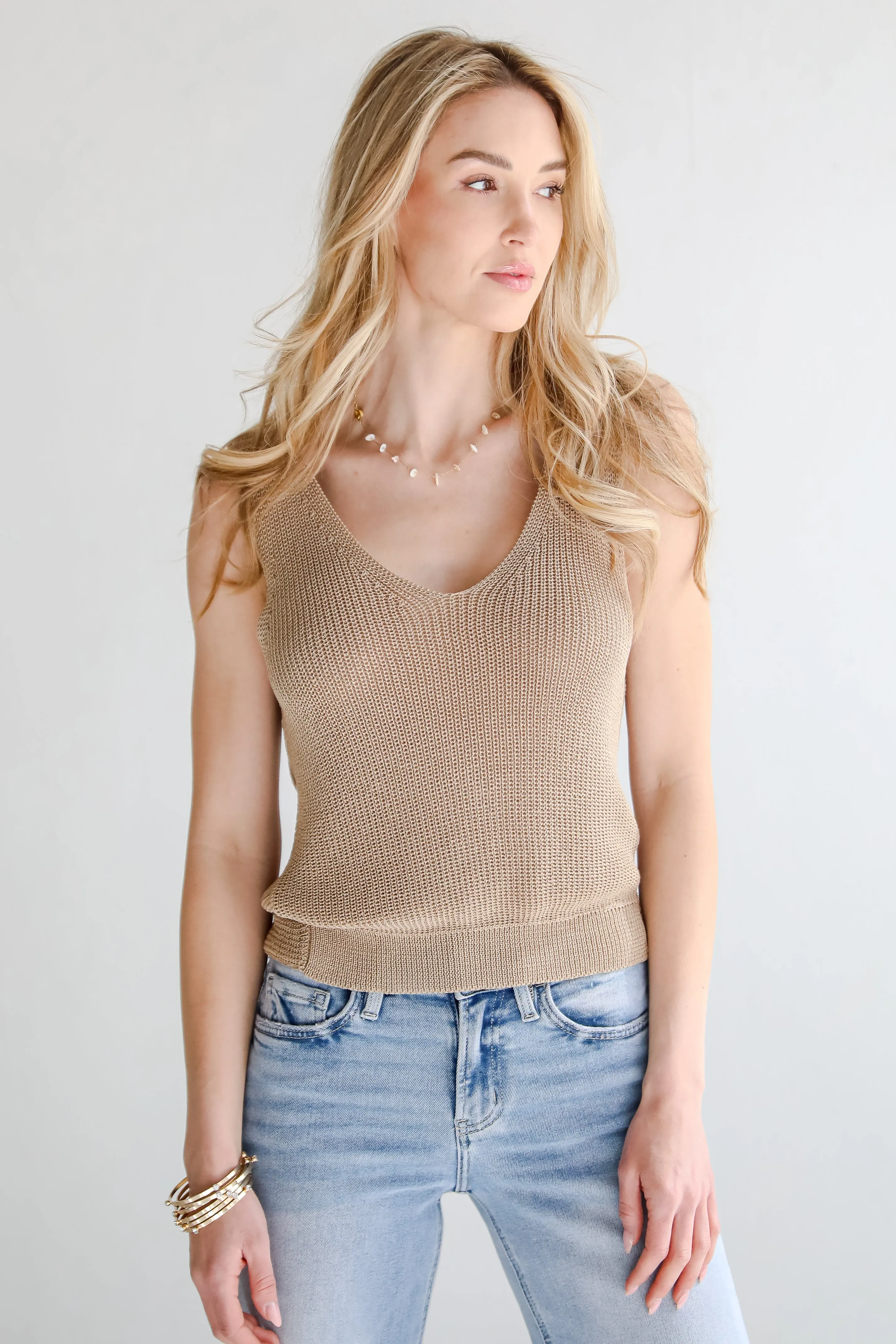 Captivating Delight Taupe Twist Back Knit Tank