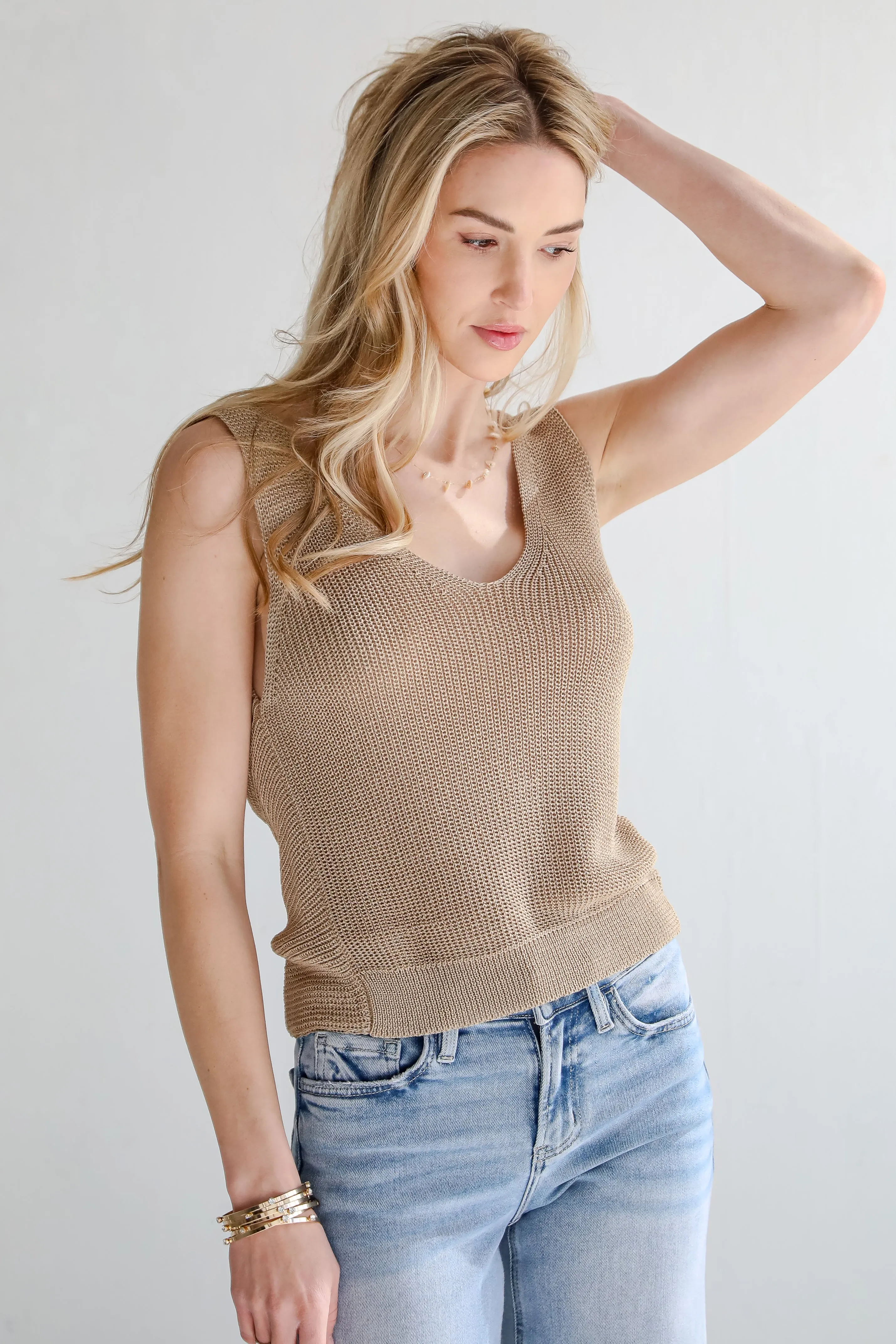 Captivating Delight Taupe Twist Back Knit Tank