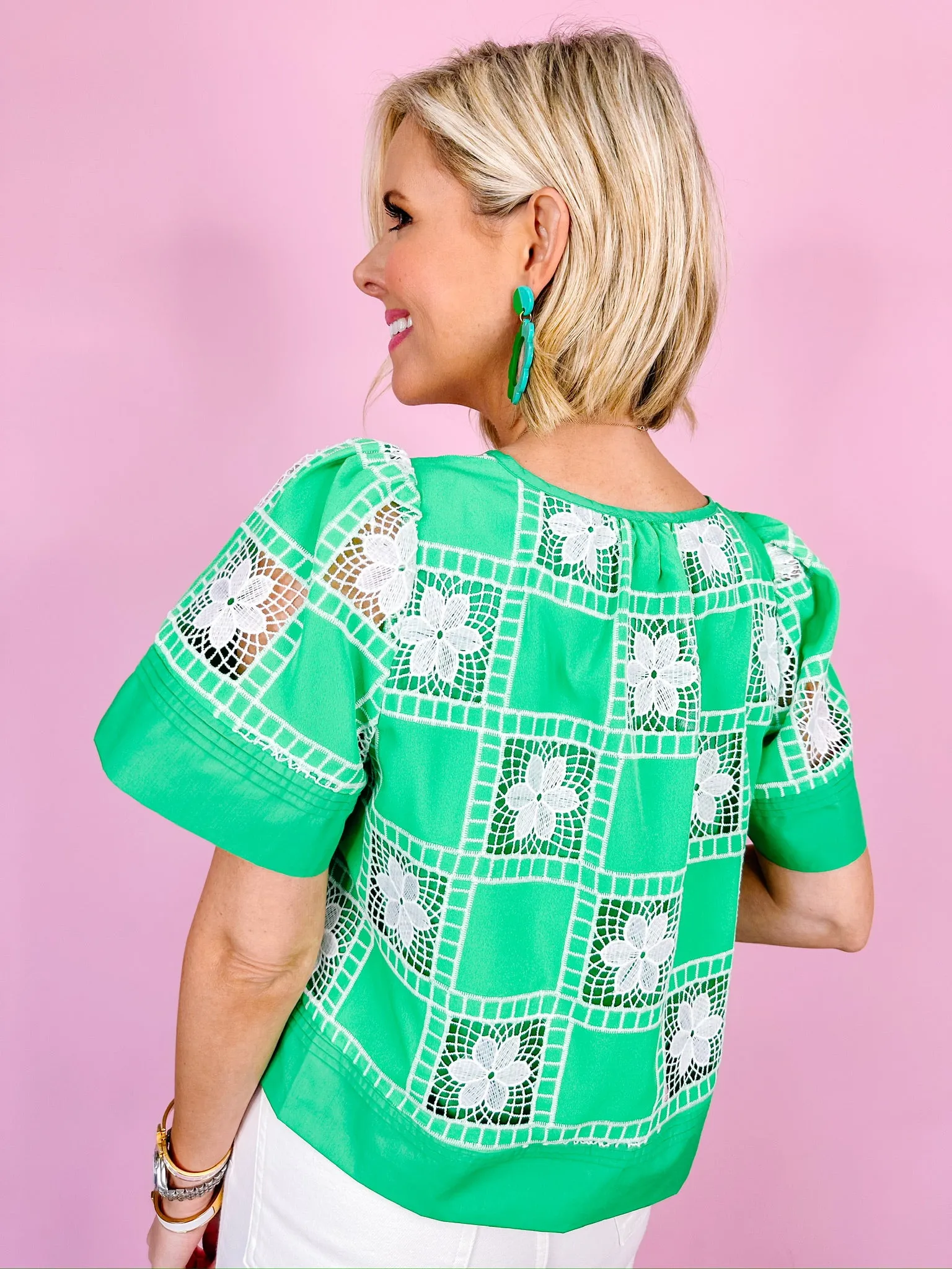 DAHLIA FLORAL LACE BLOCK TOP - GREEN