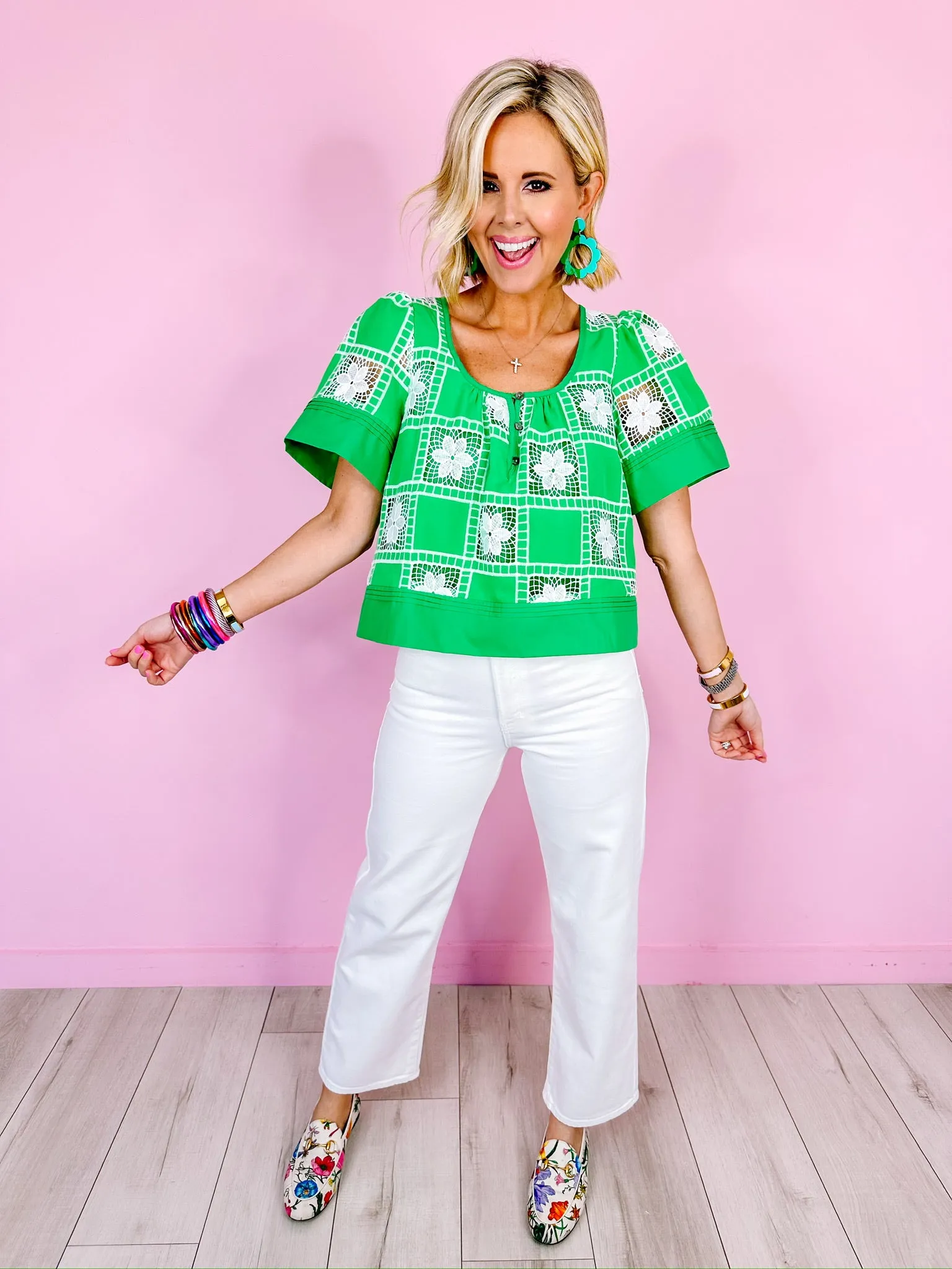 DAHLIA FLORAL LACE BLOCK TOP - GREEN
