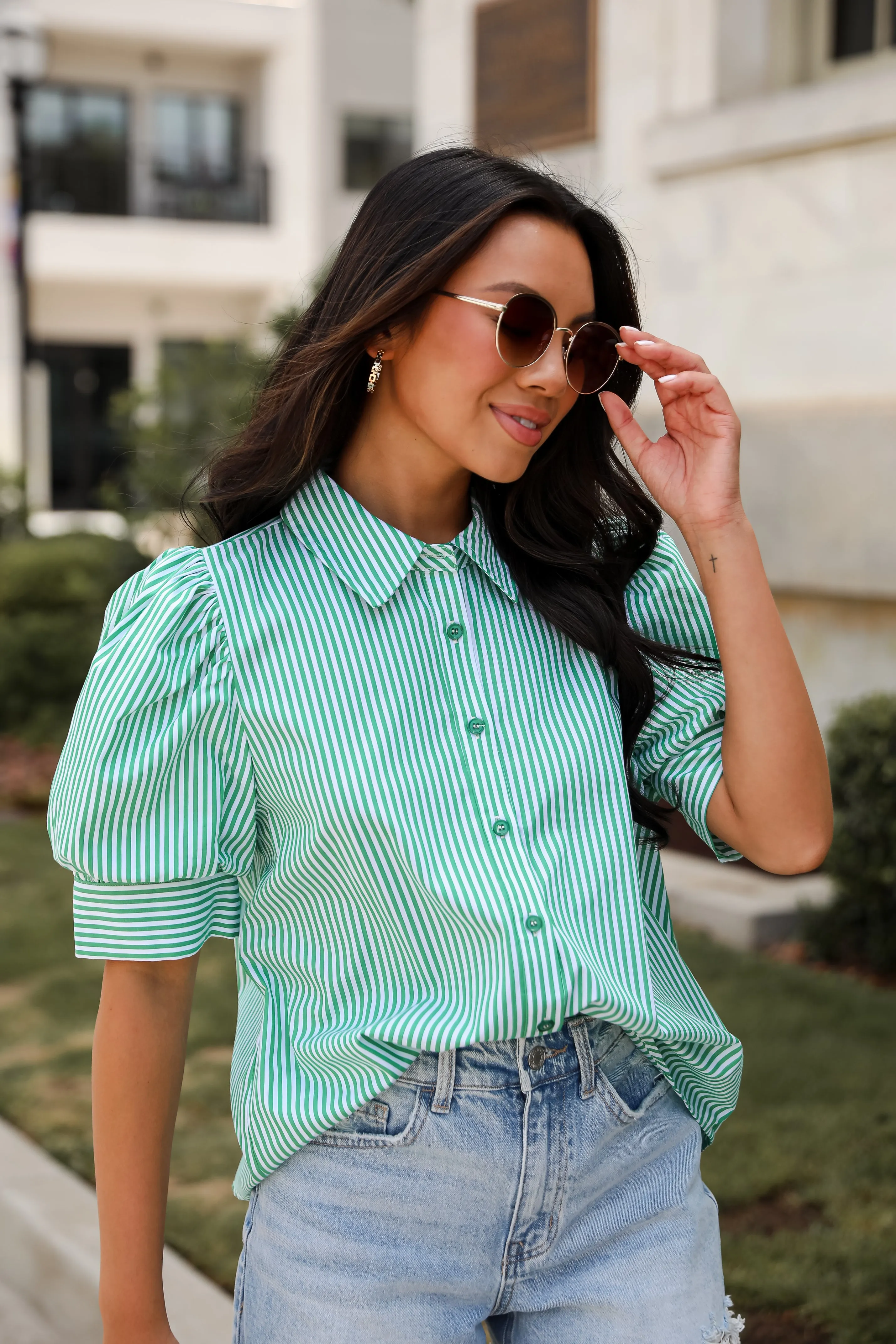 FINAL SALE - Authentic Sweetness Green Striped Blouse