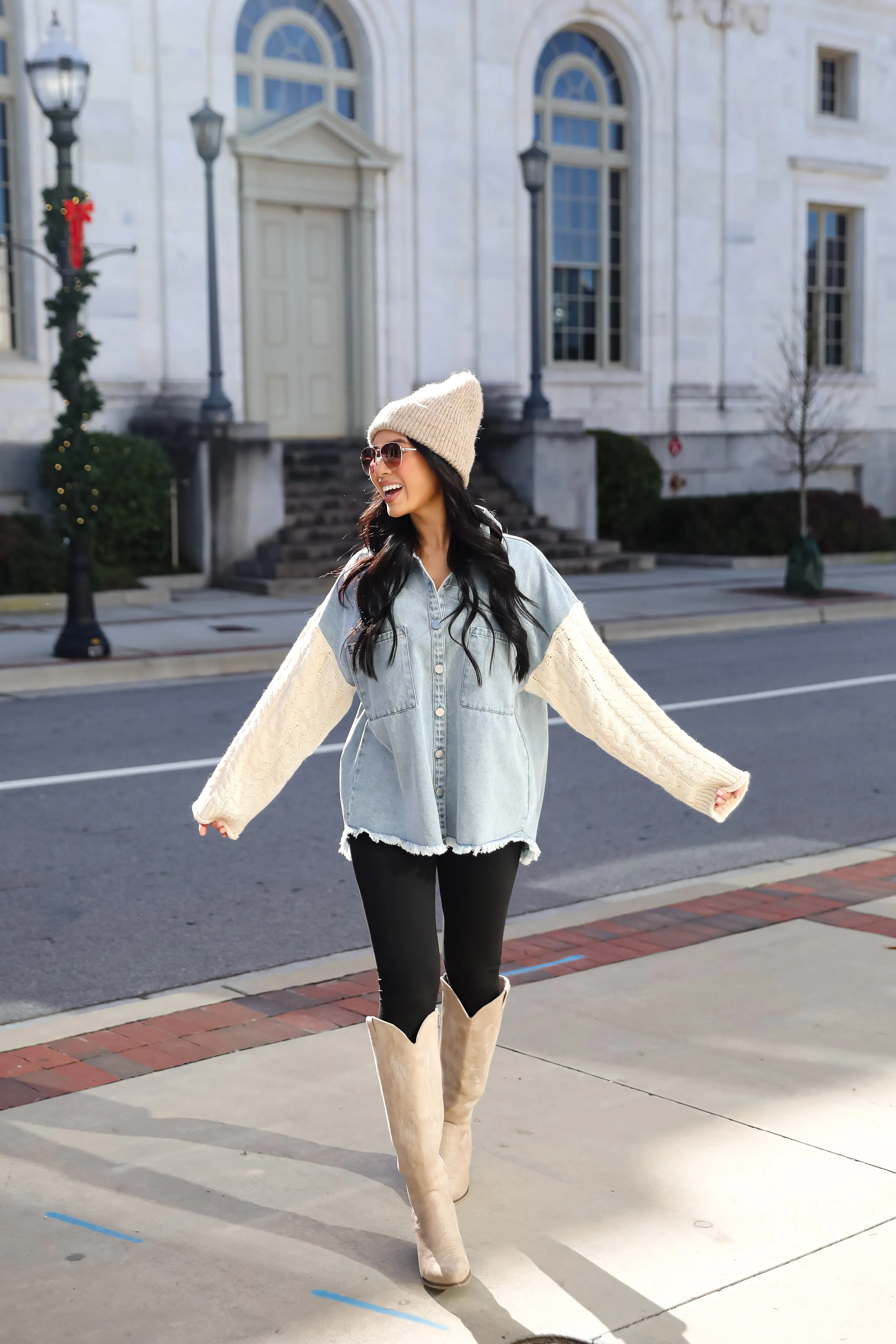 FINAL SALE - Bundled Perfection Denim Cable Knit Sleeve Shacket