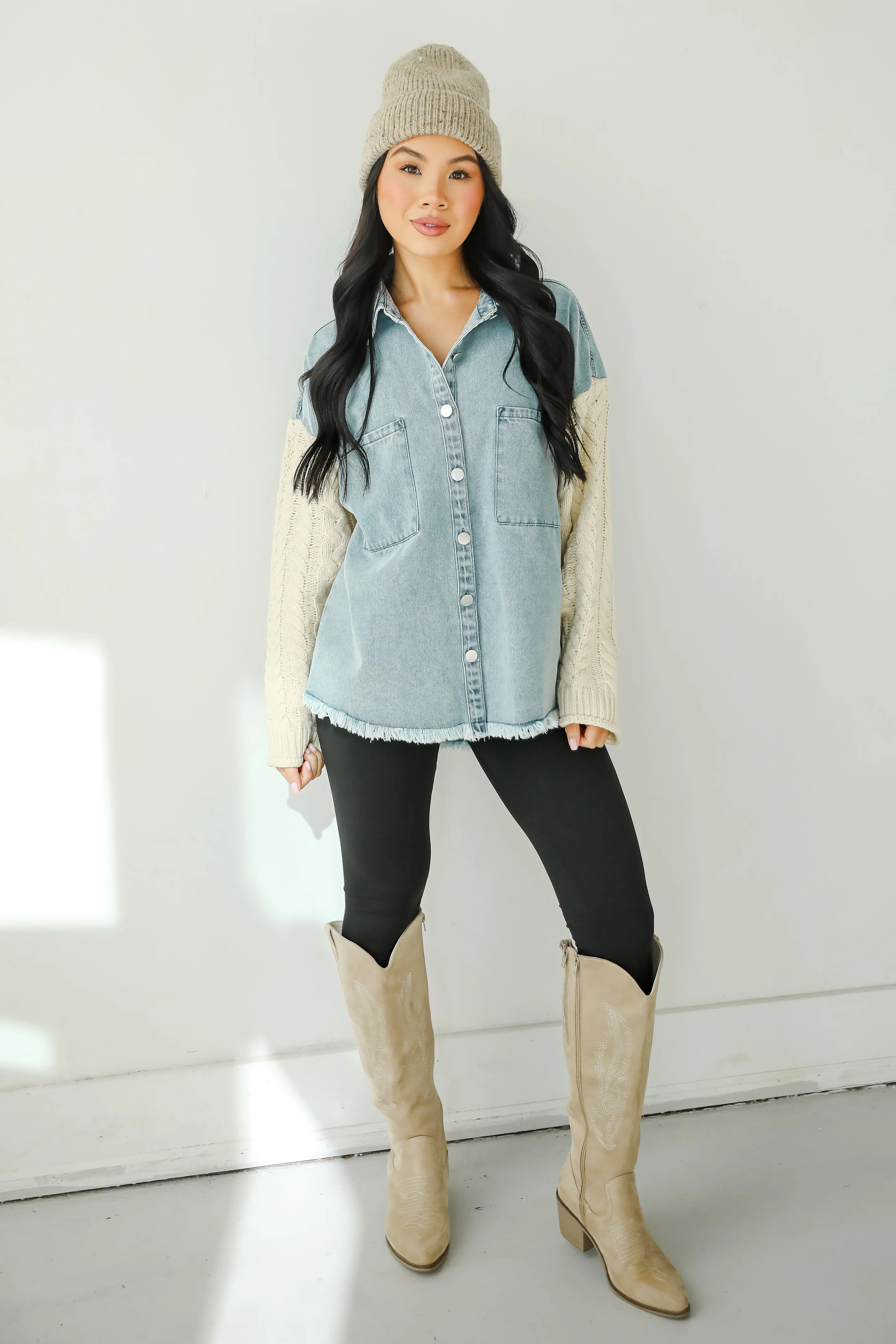FINAL SALE - Bundled Perfection Denim Cable Knit Sleeve Shacket