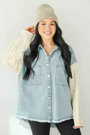 FINAL SALE - Bundled Perfection Denim Cable Knit Sleeve Shacket