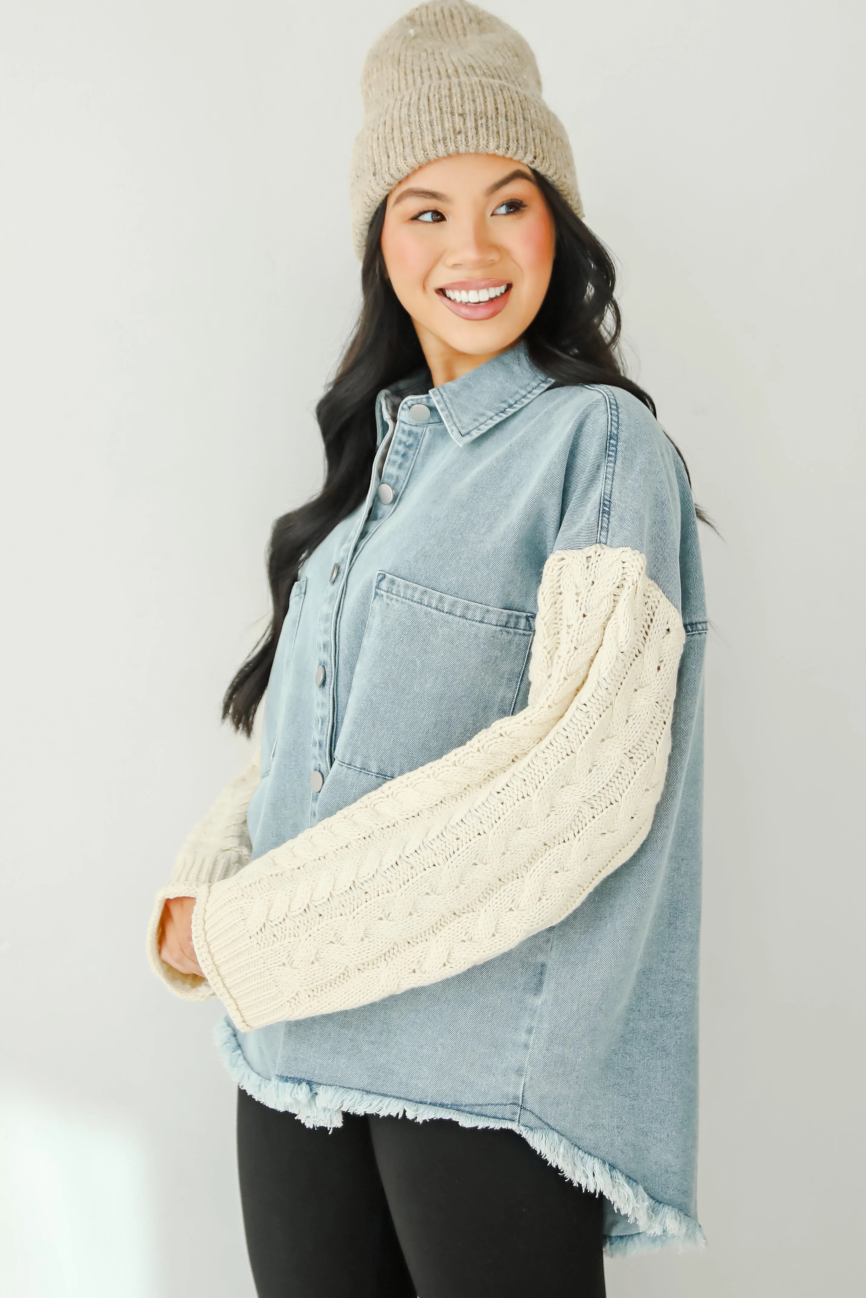 FINAL SALE - Bundled Perfection Denim Cable Knit Sleeve Shacket