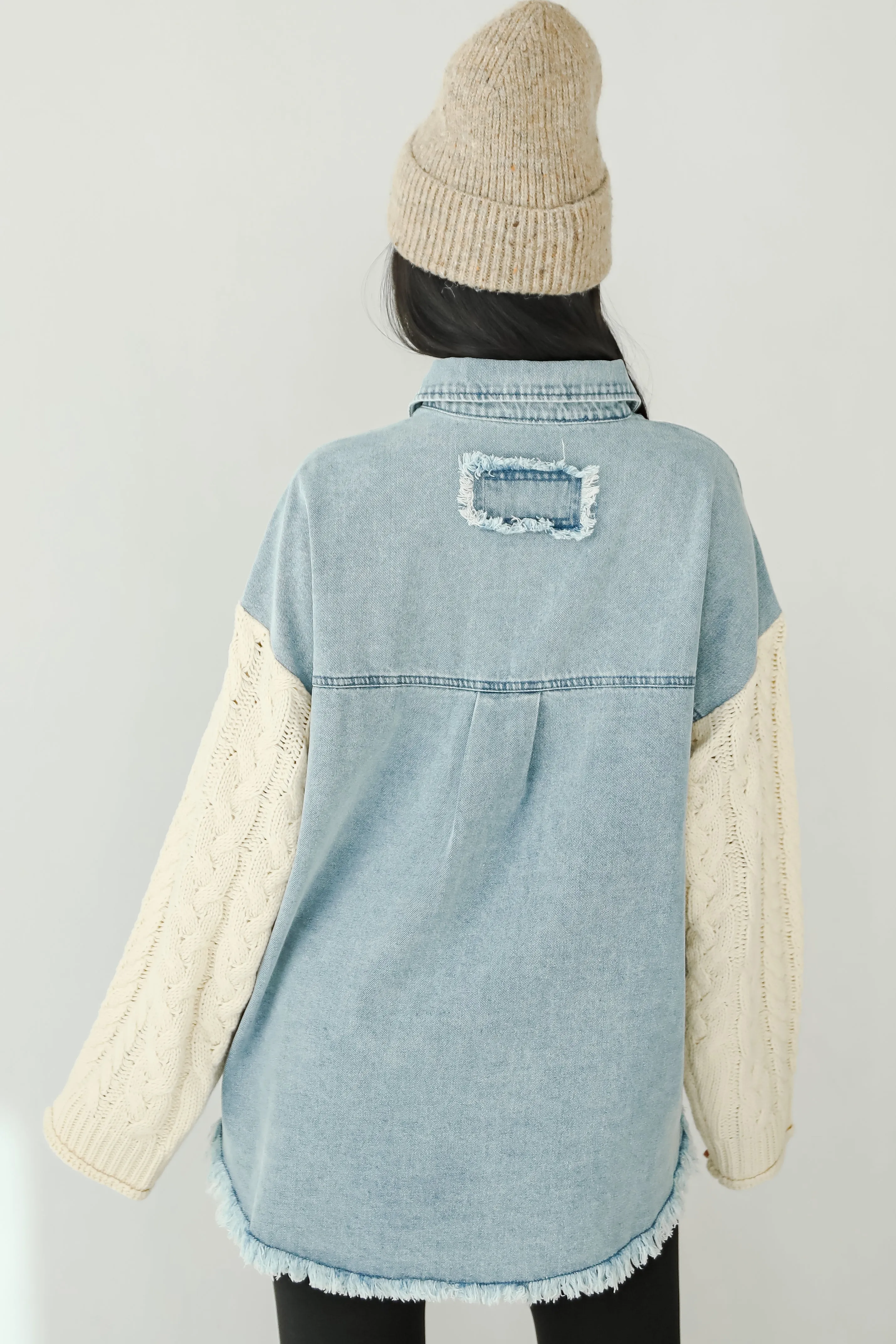 FINAL SALE - Bundled Perfection Denim Cable Knit Sleeve Shacket