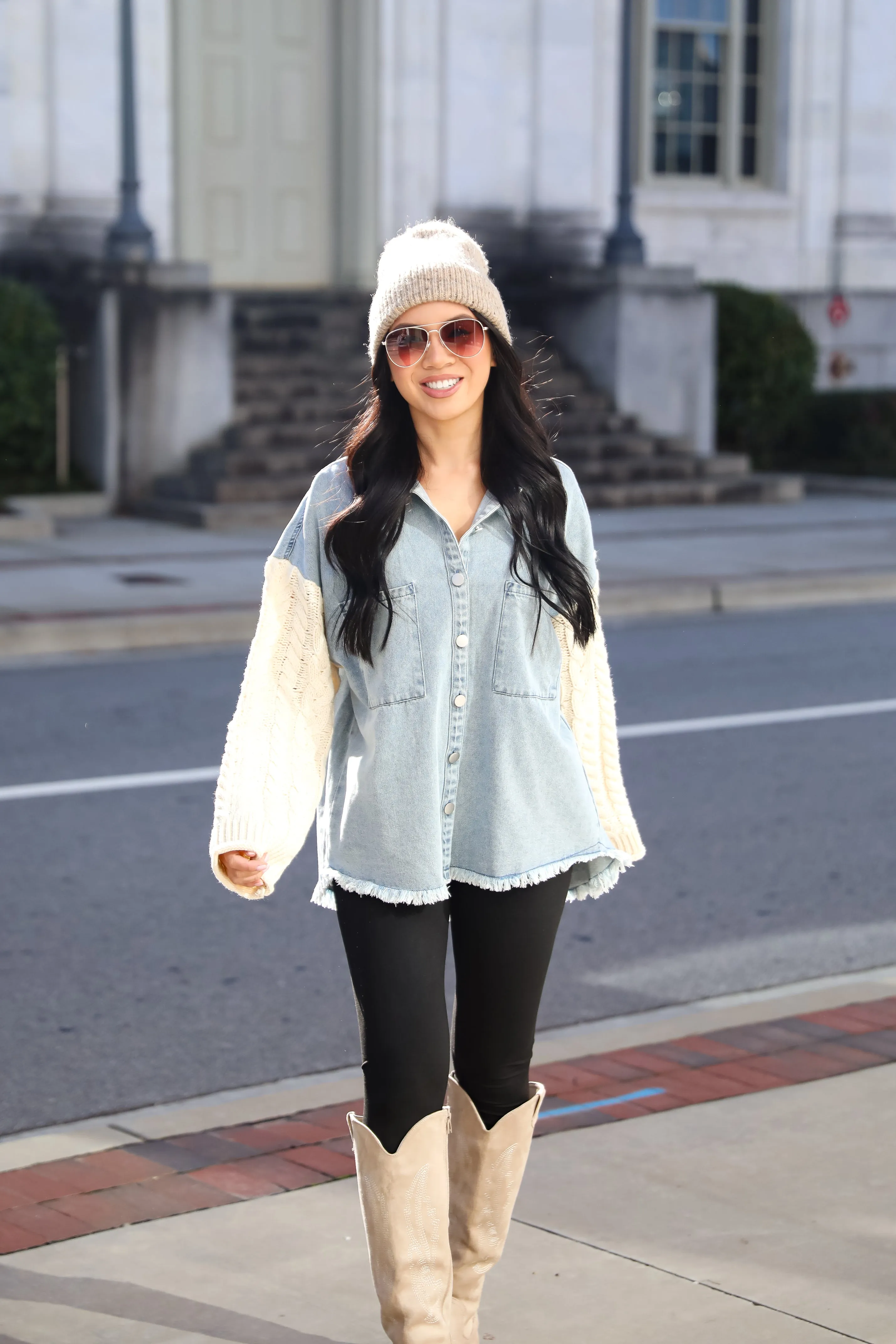 FINAL SALE - Bundled Perfection Denim Cable Knit Sleeve Shacket