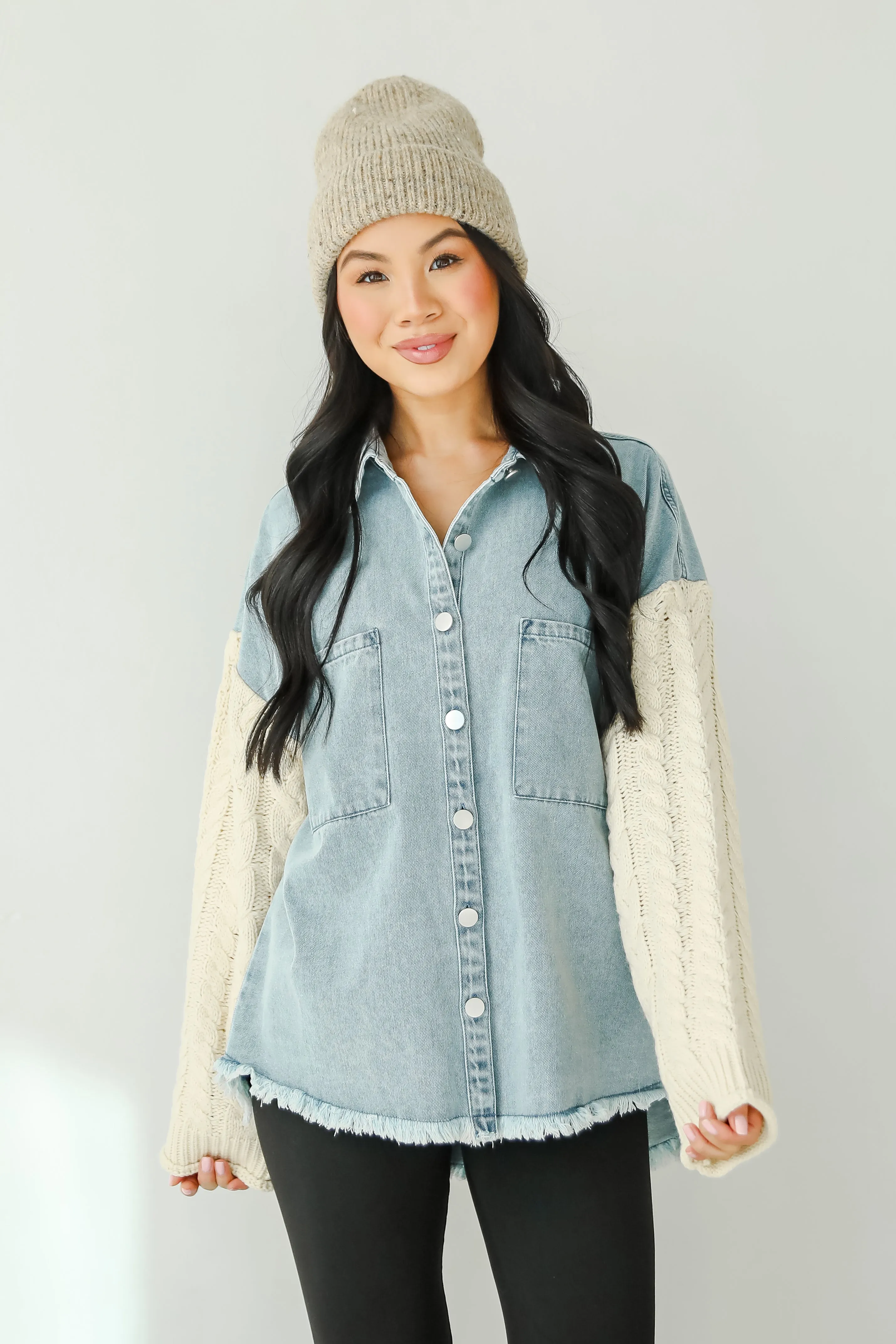 FINAL SALE - Bundled Perfection Denim Cable Knit Sleeve Shacket