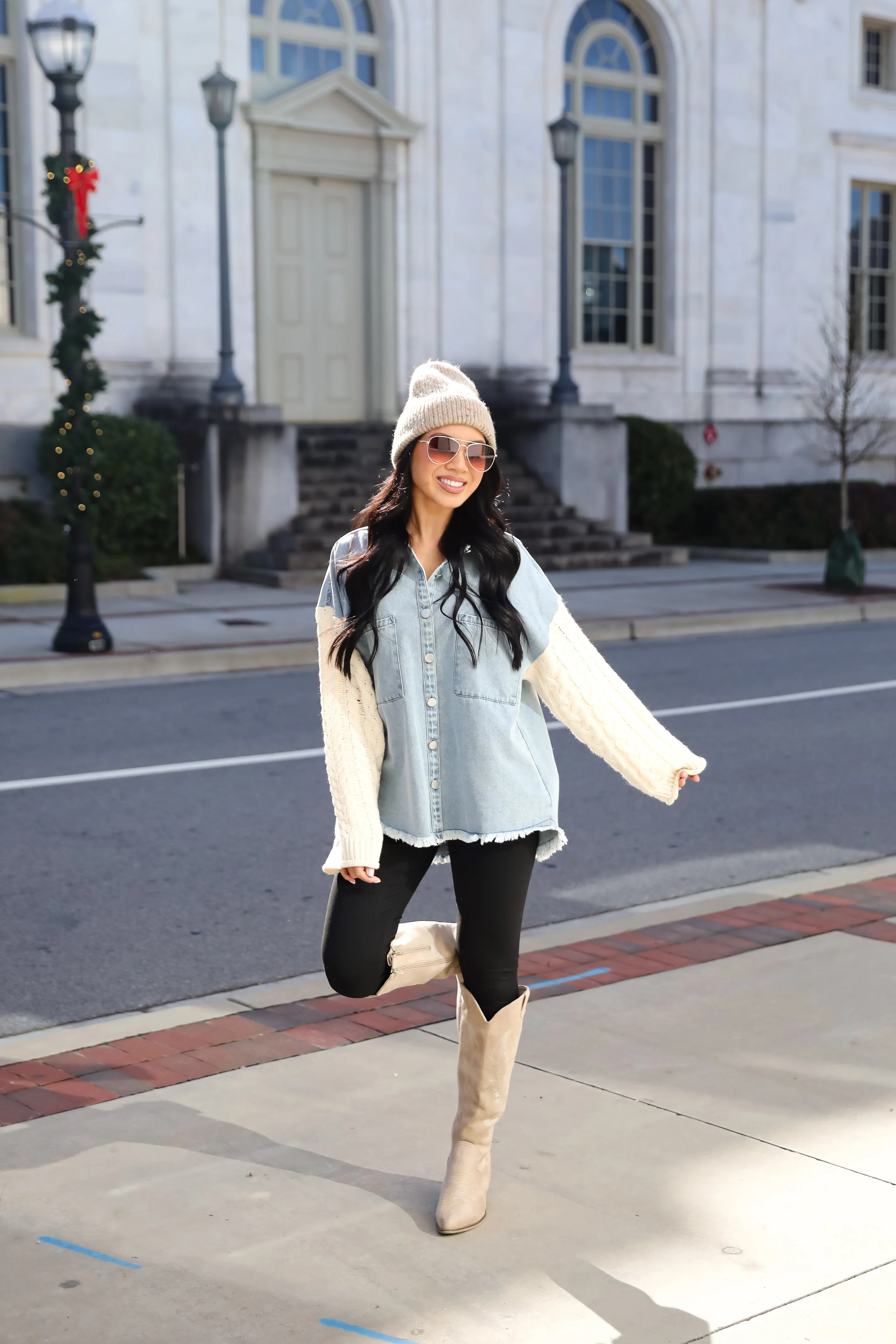 FINAL SALE - Bundled Perfection Denim Cable Knit Sleeve Shacket