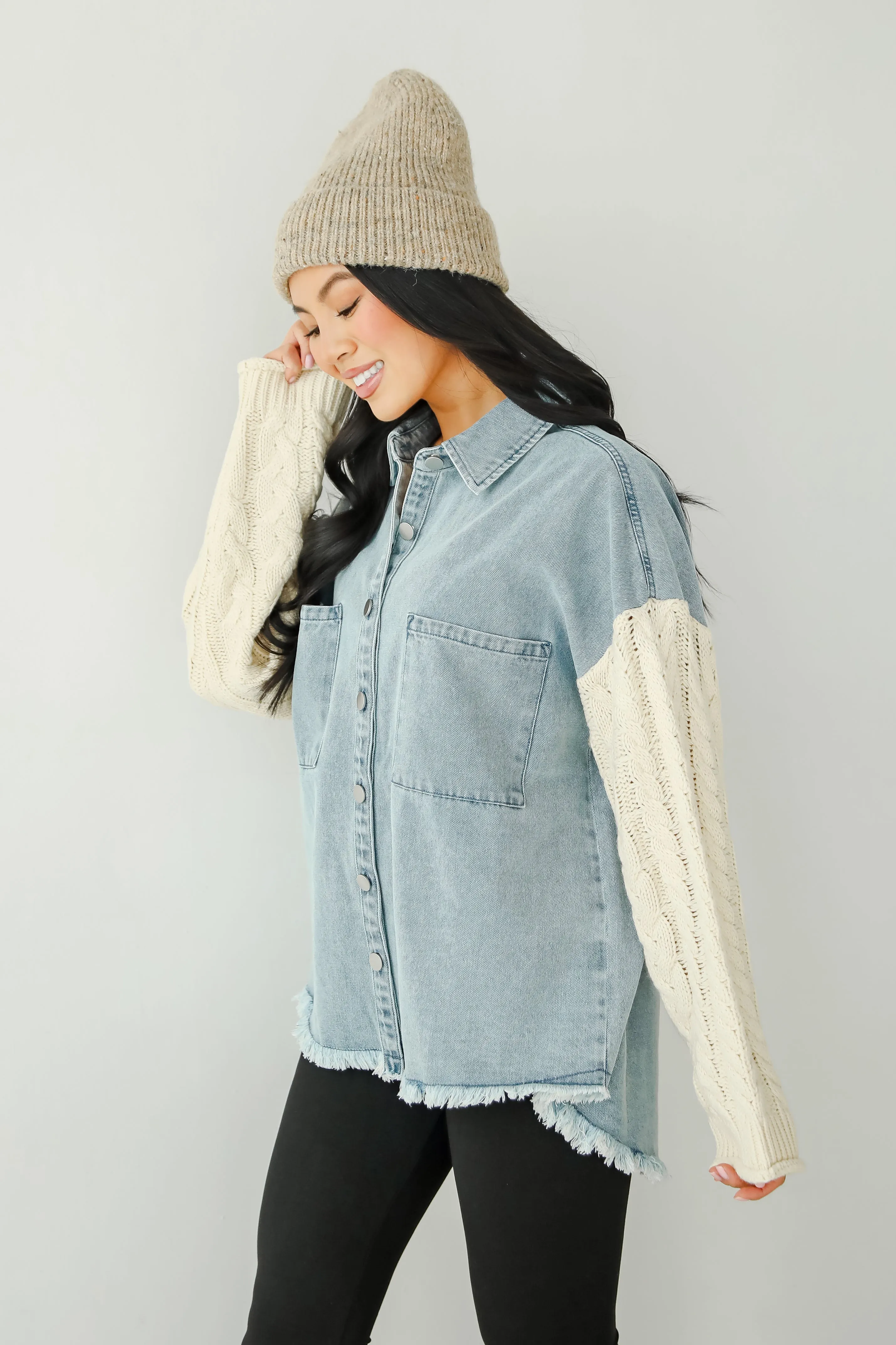 FINAL SALE - Bundled Perfection Denim Cable Knit Sleeve Shacket