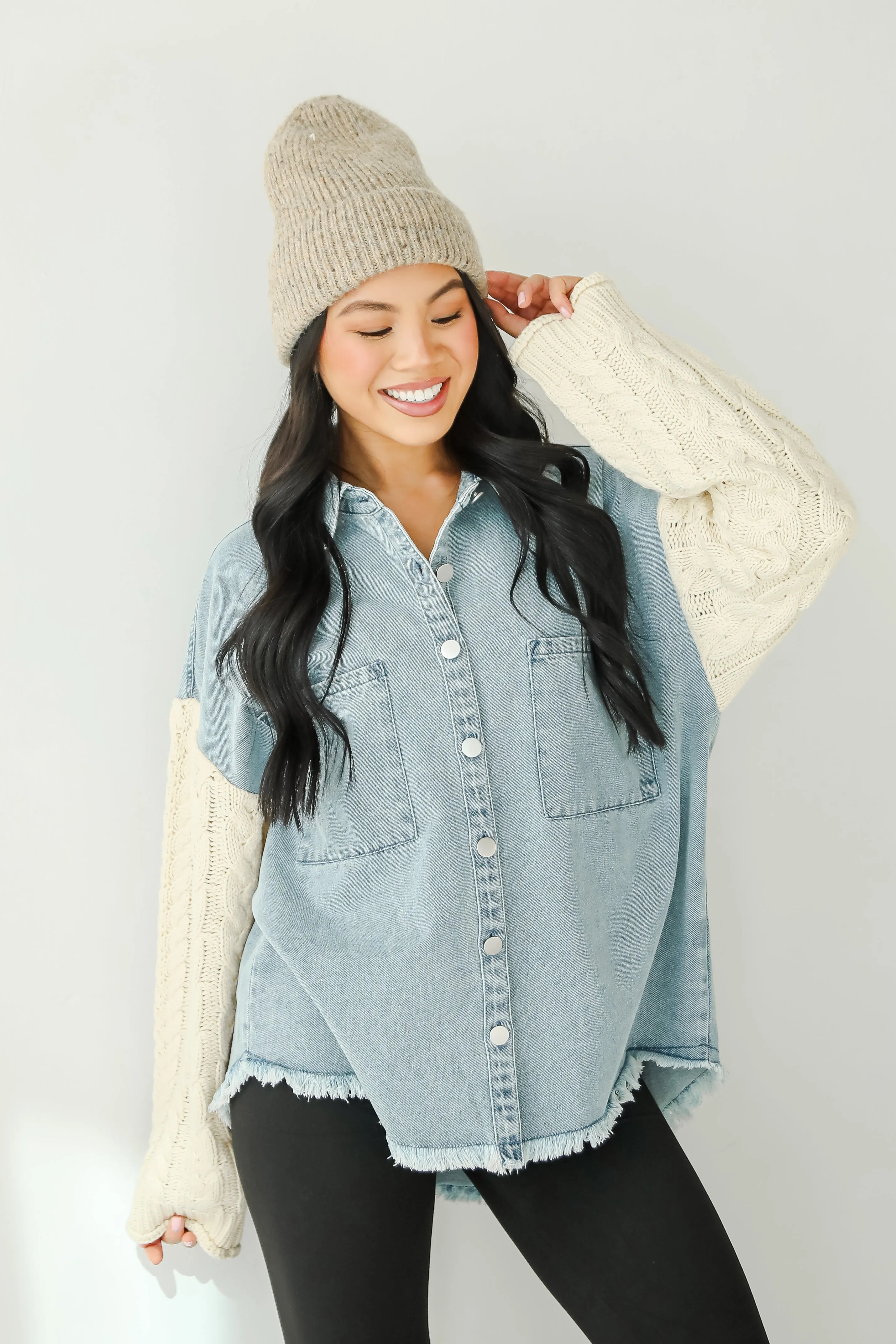 FINAL SALE - Bundled Perfection Denim Cable Knit Sleeve Shacket