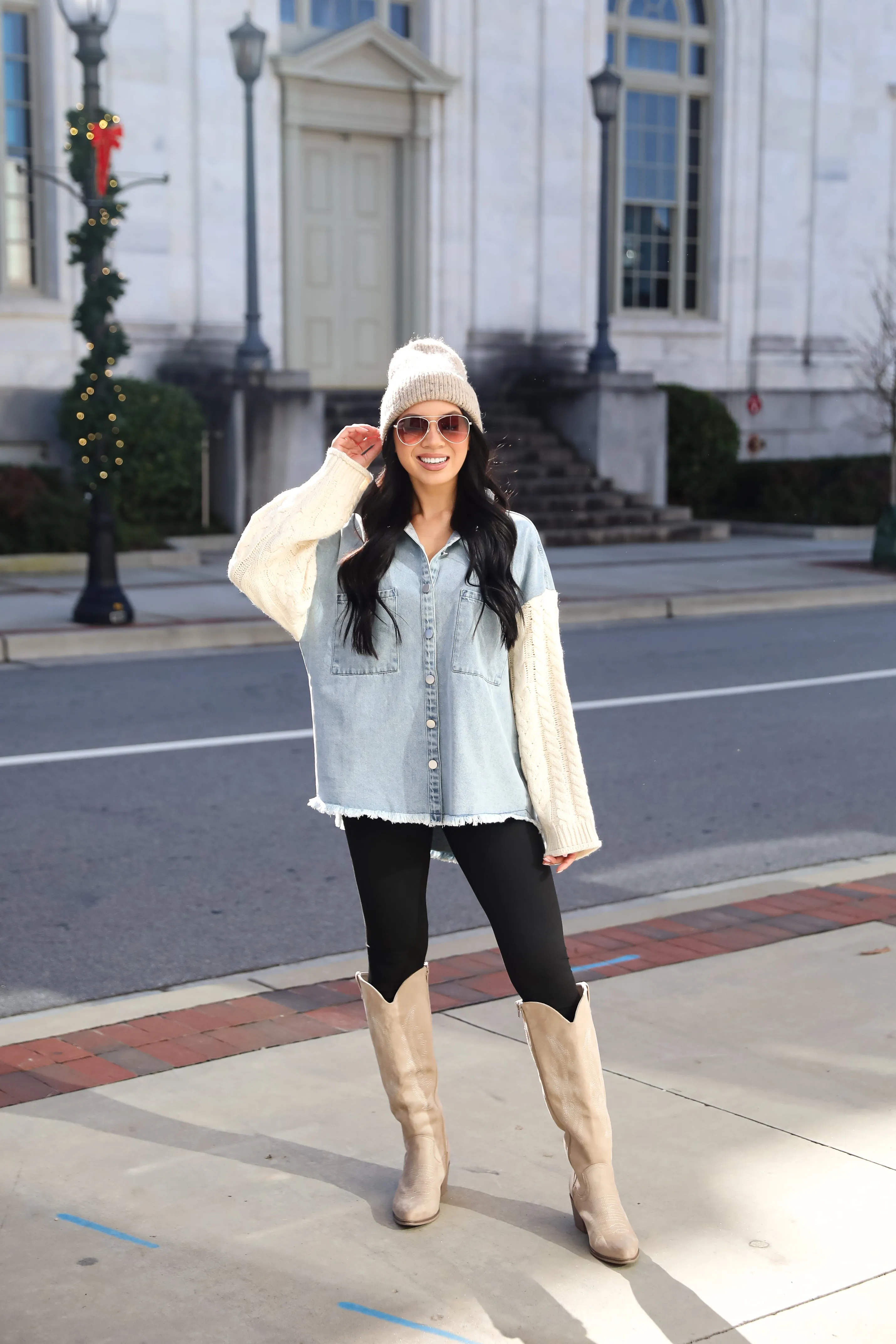 FINAL SALE - Bundled Perfection Denim Cable Knit Sleeve Shacket