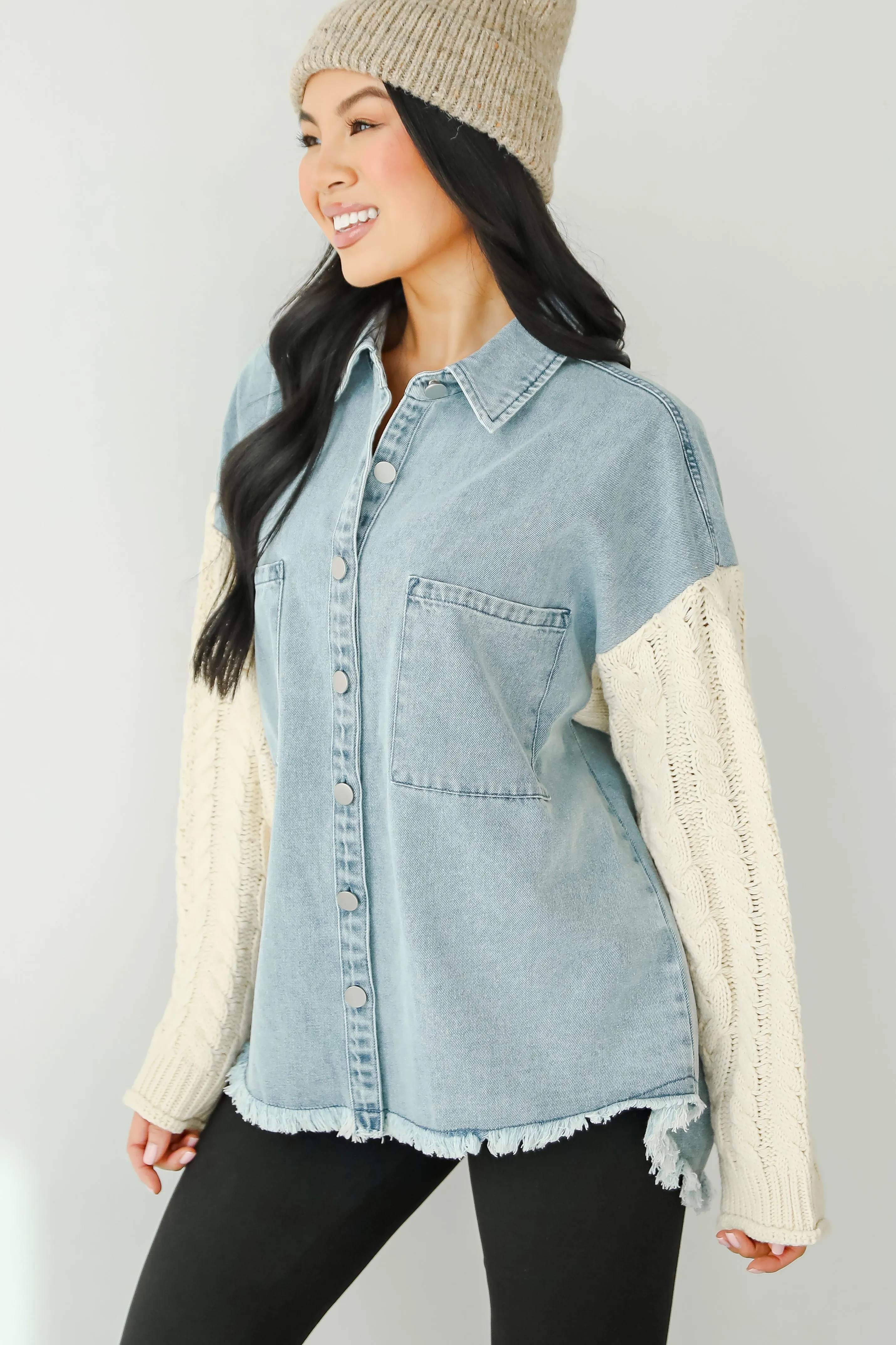 FINAL SALE - Bundled Perfection Denim Cable Knit Sleeve Shacket