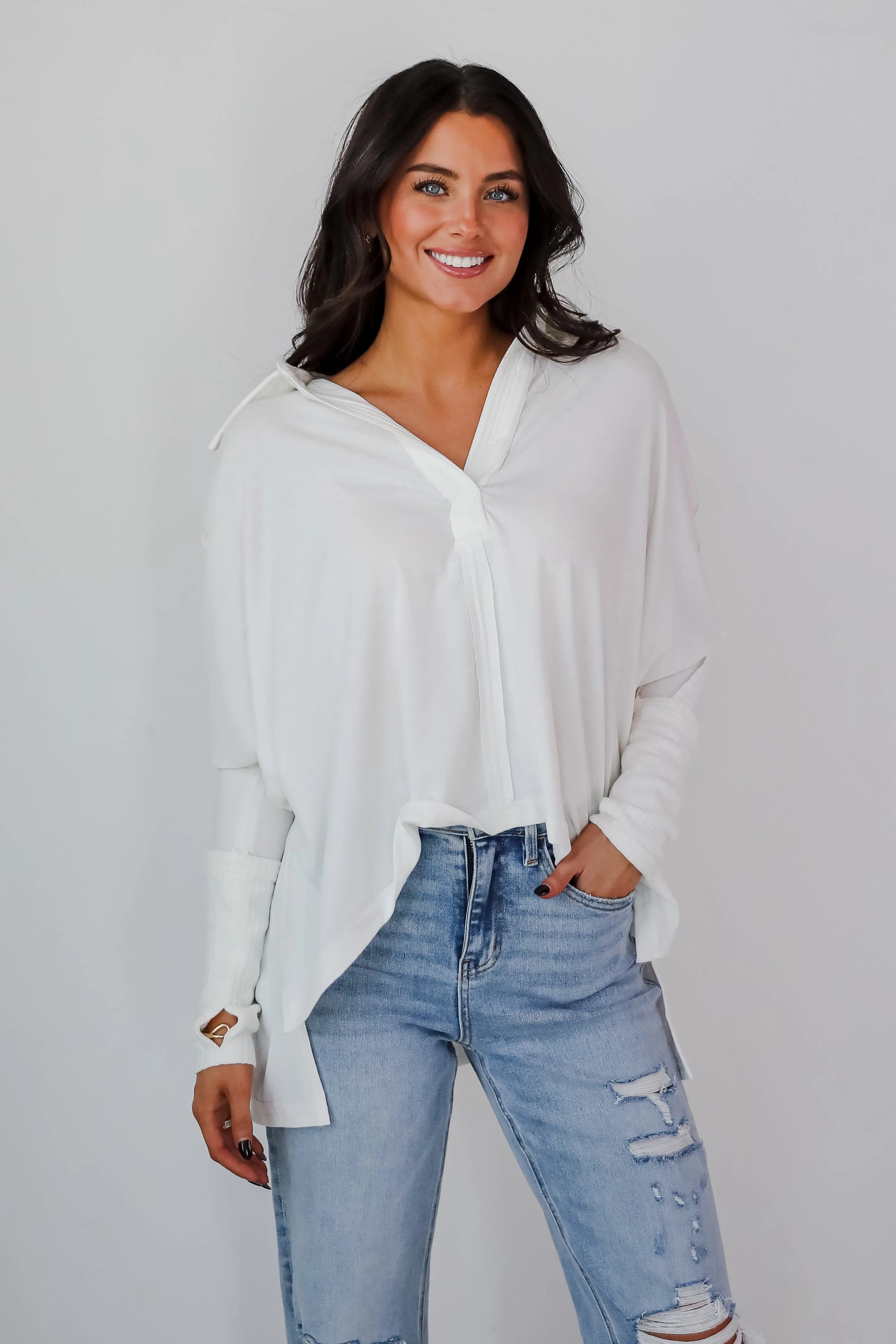 FINAL SALE - Composed Look Waffle Knit Contrast Collared Top