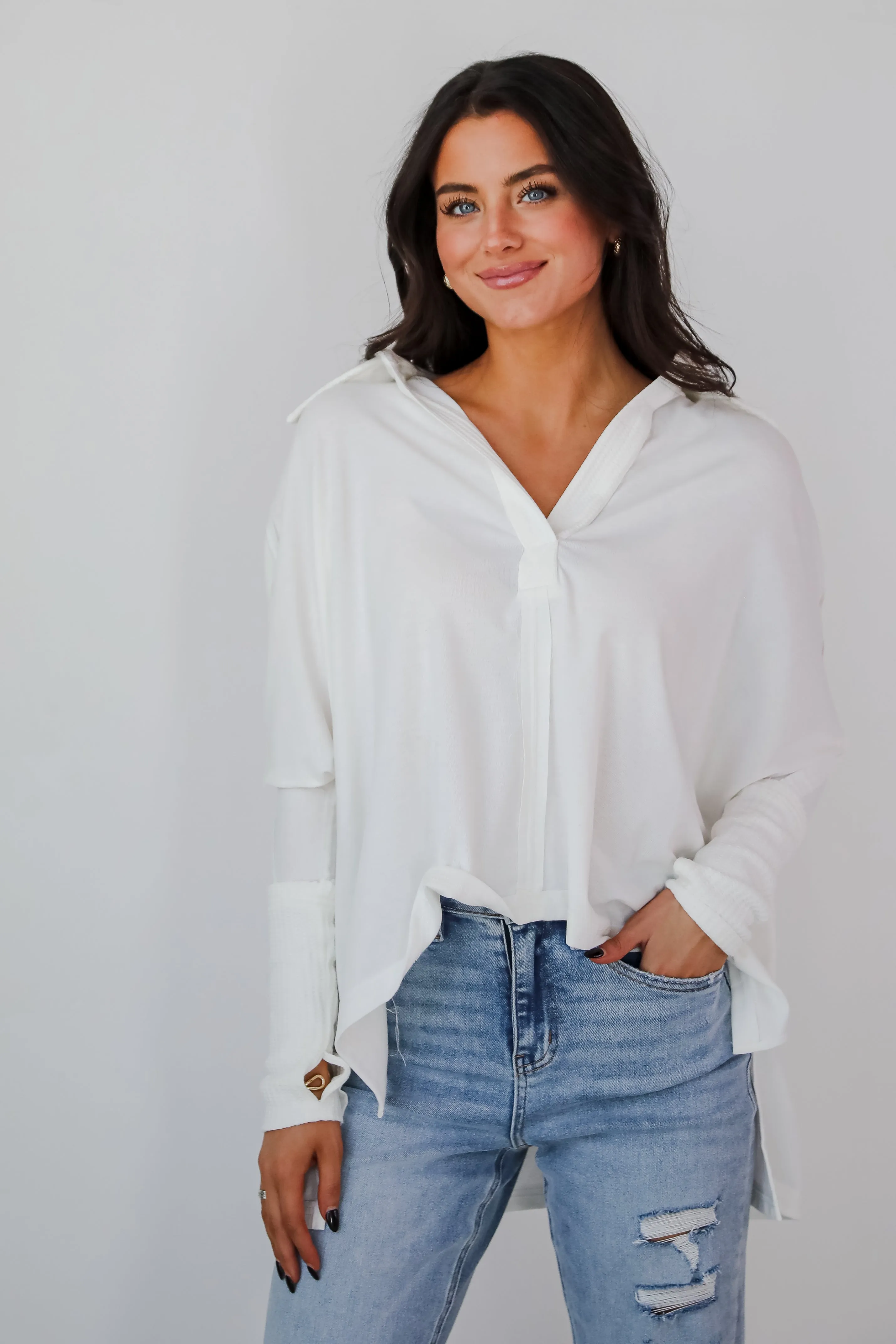 FINAL SALE - Composed Look Waffle Knit Contrast Collared Top