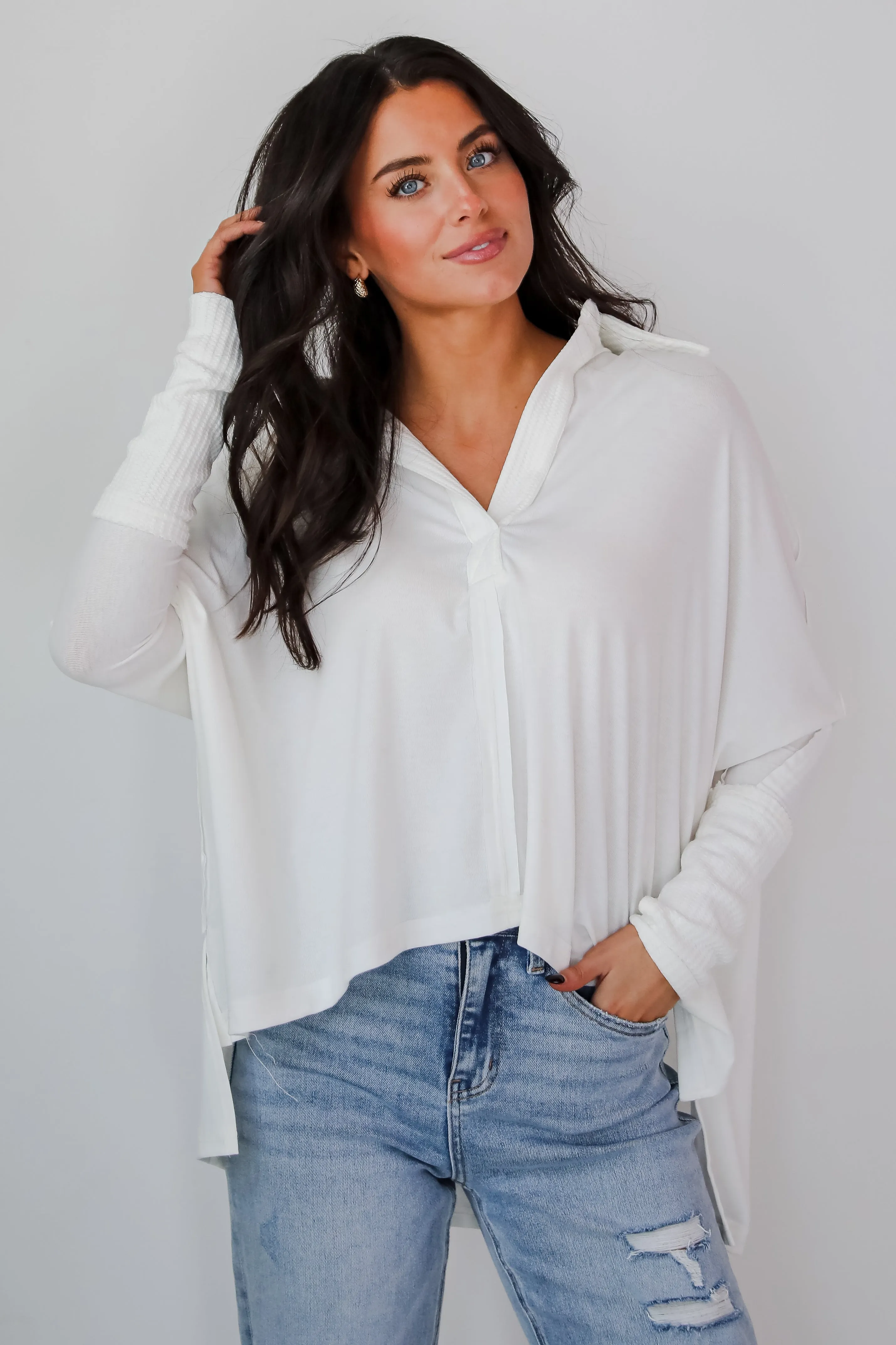FINAL SALE - Composed Look Waffle Knit Contrast Collared Top