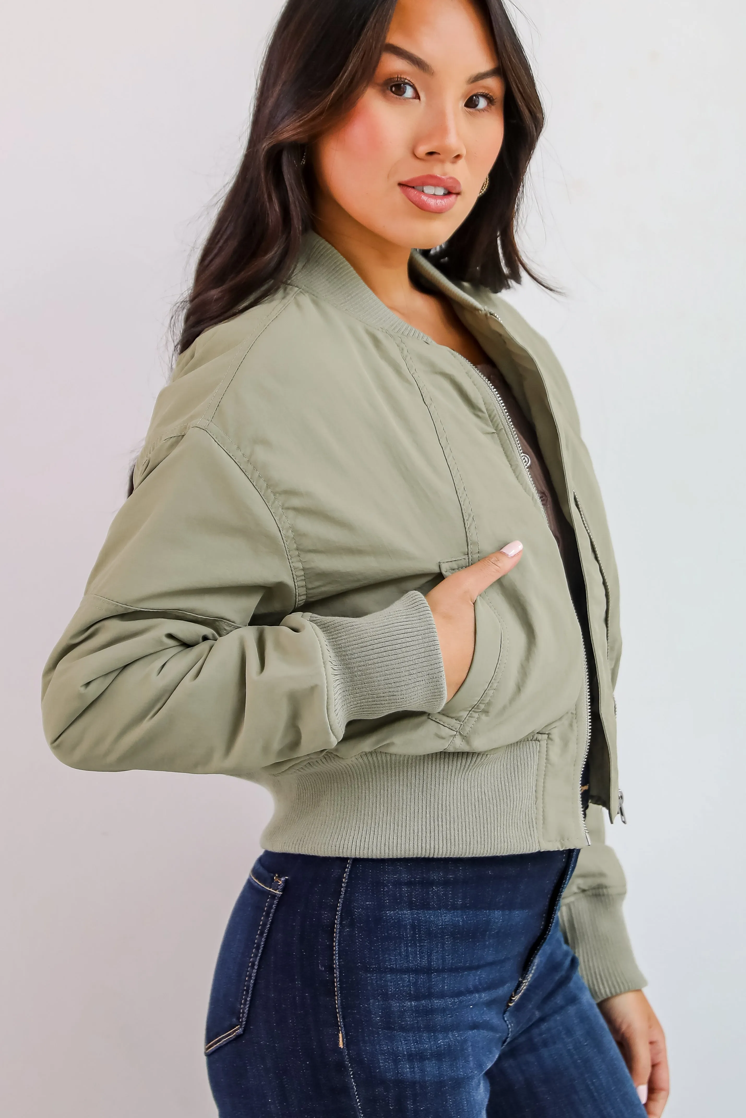 FINAL SALE - Cool Impulse Light Olive Cropped Bomber Jacket