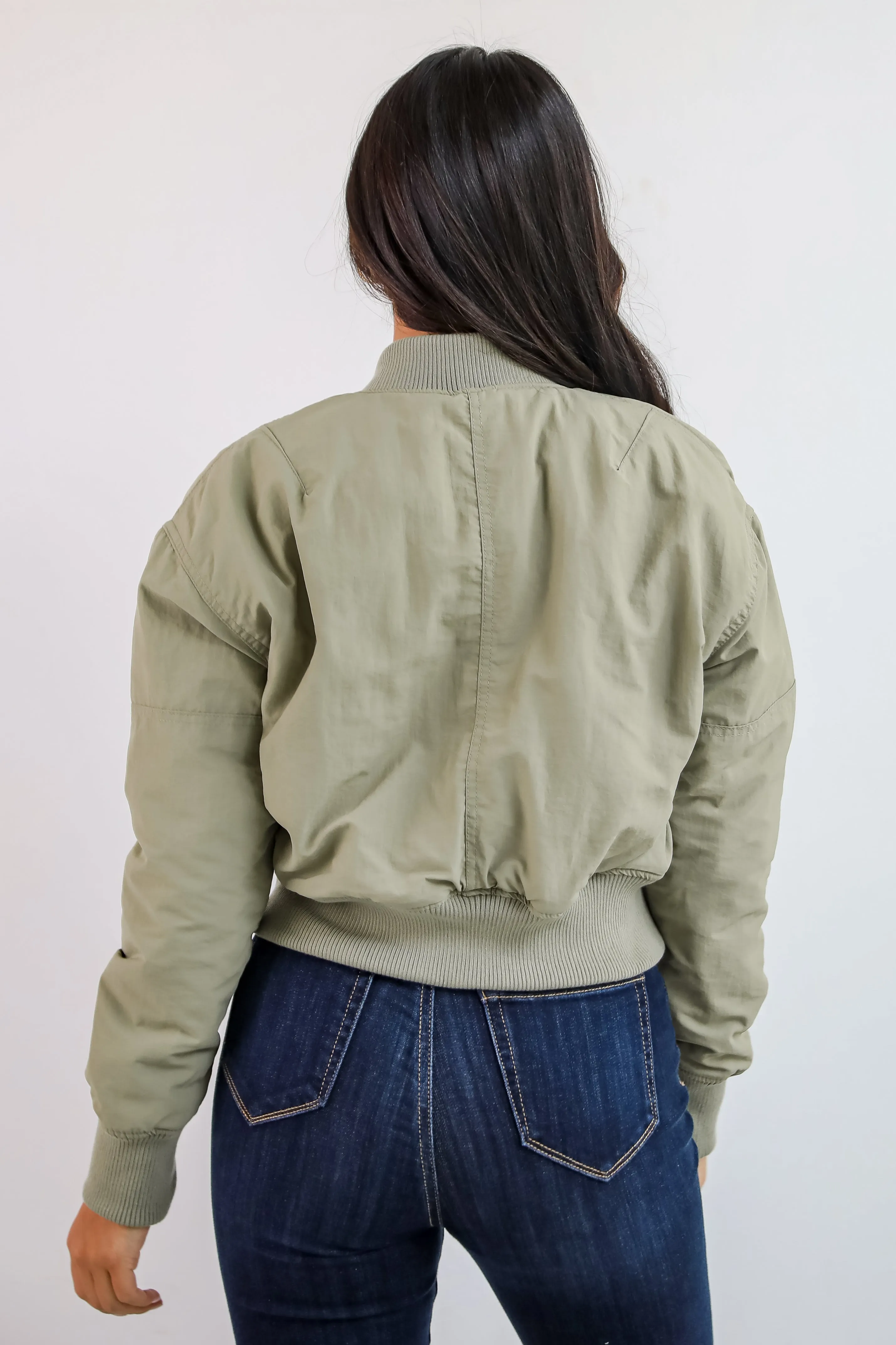 FINAL SALE - Cool Impulse Light Olive Cropped Bomber Jacket