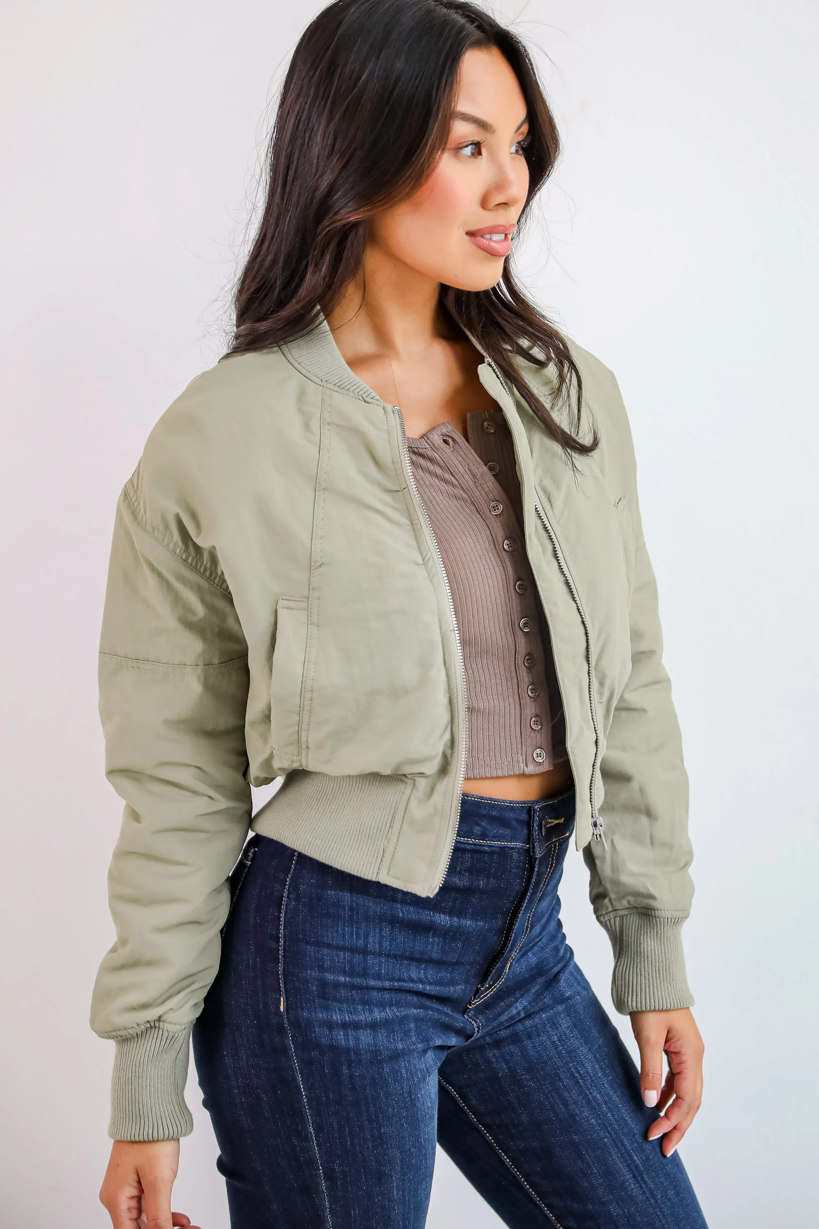 FINAL SALE - Cool Impulse Light Olive Cropped Bomber Jacket