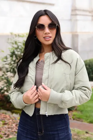 FINAL SALE - Cool Impulse Light Olive Cropped Bomber Jacket