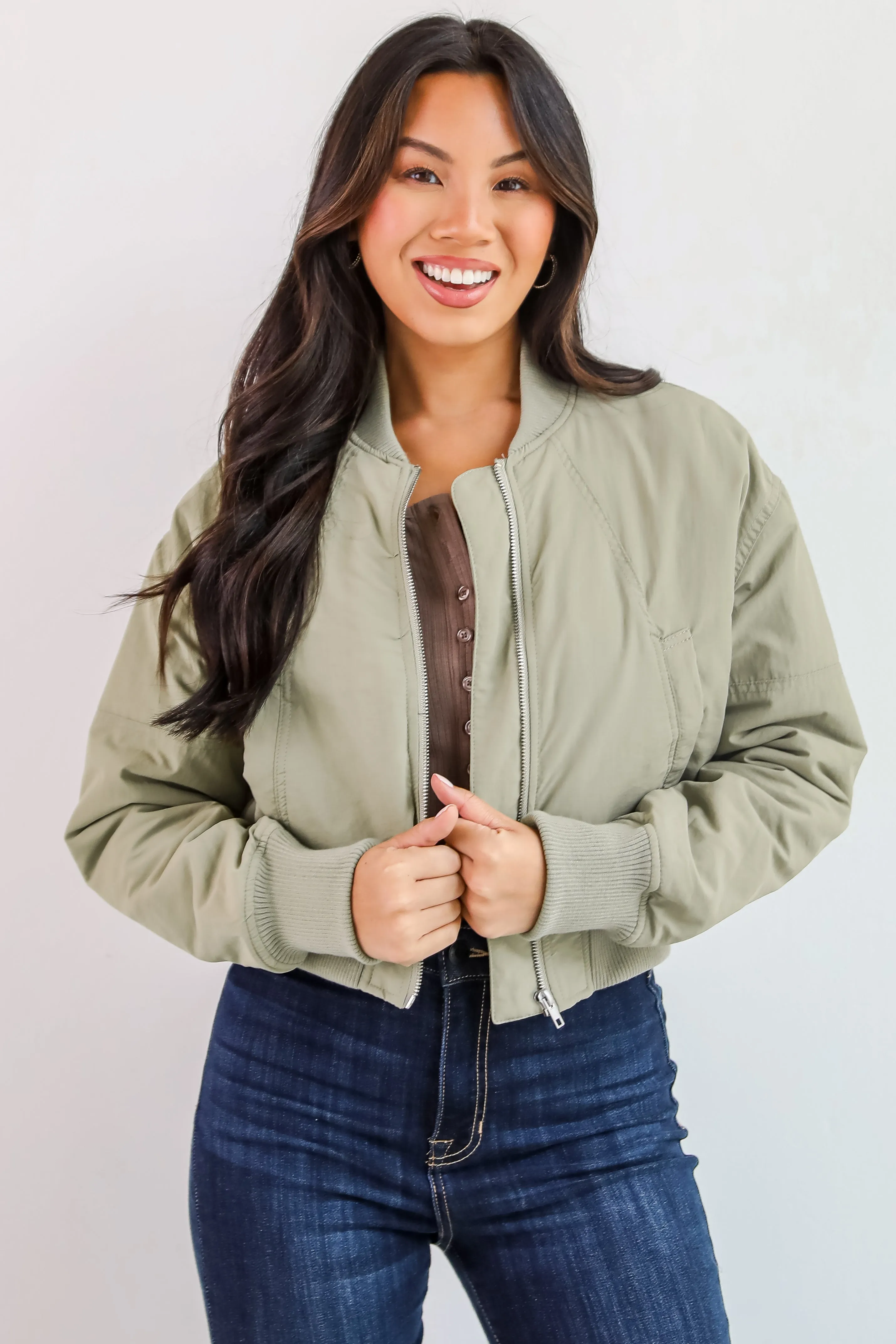 FINAL SALE - Cool Impulse Light Olive Cropped Bomber Jacket