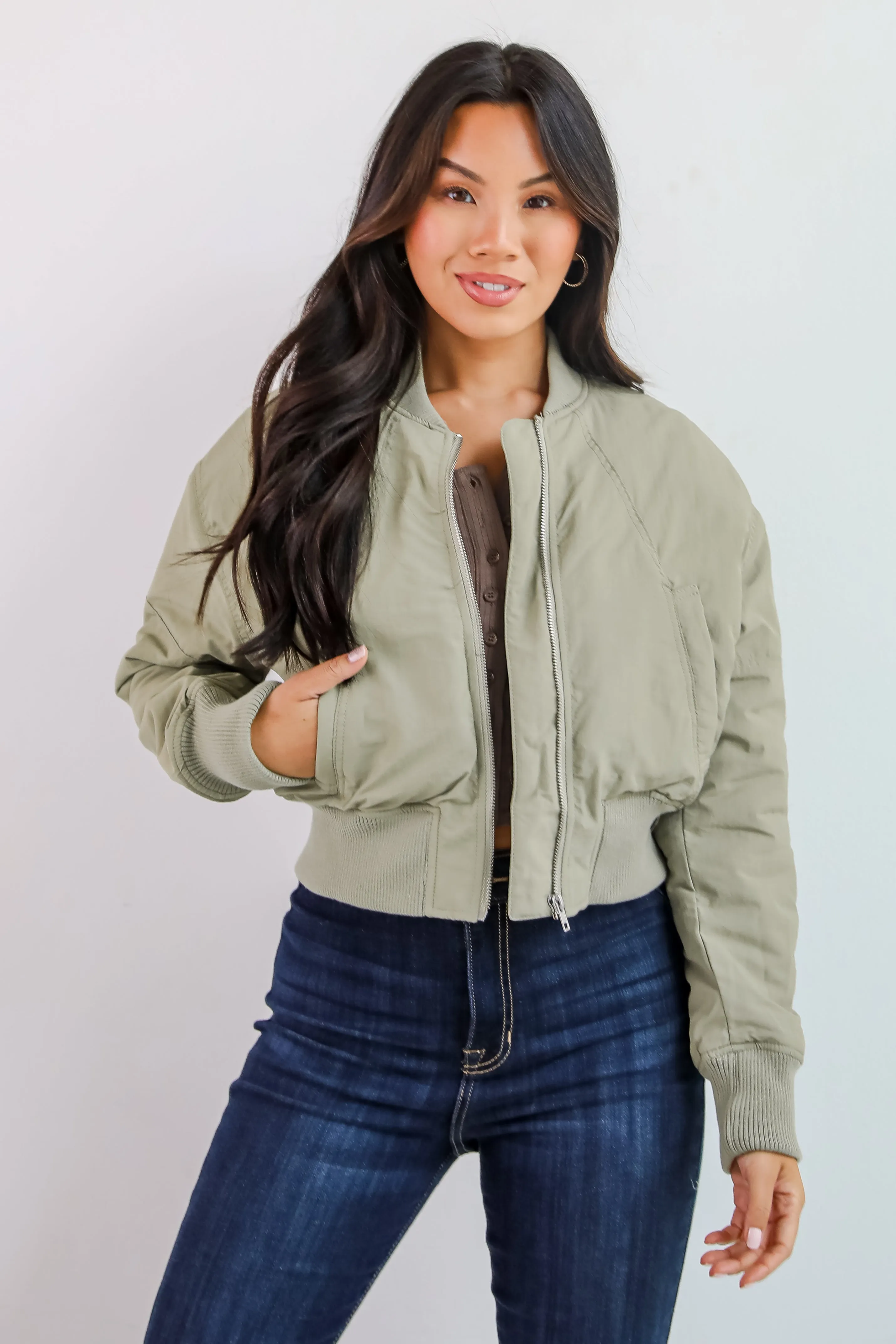 FINAL SALE - Cool Impulse Light Olive Cropped Bomber Jacket