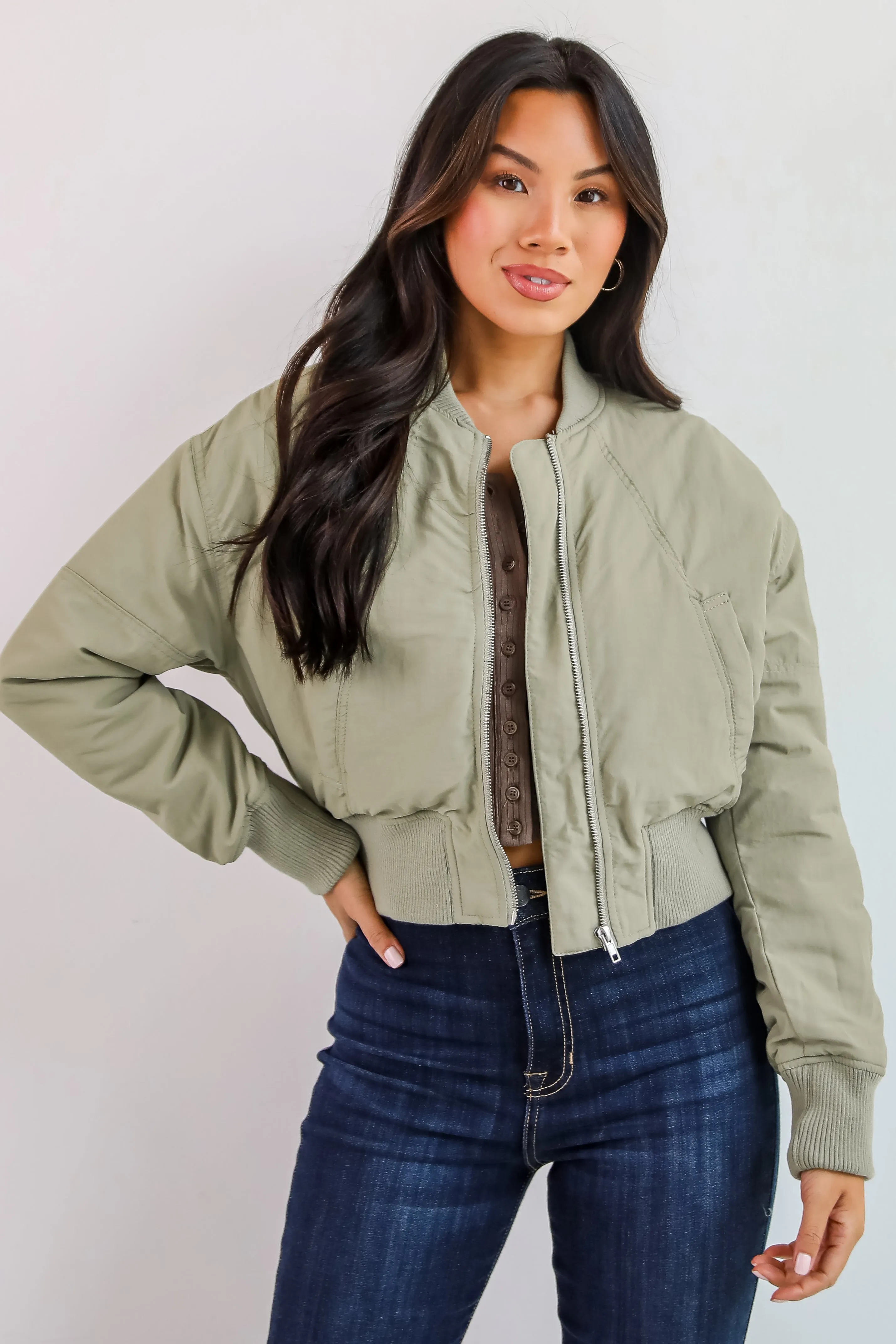 FINAL SALE - Cool Impulse Light Olive Cropped Bomber Jacket