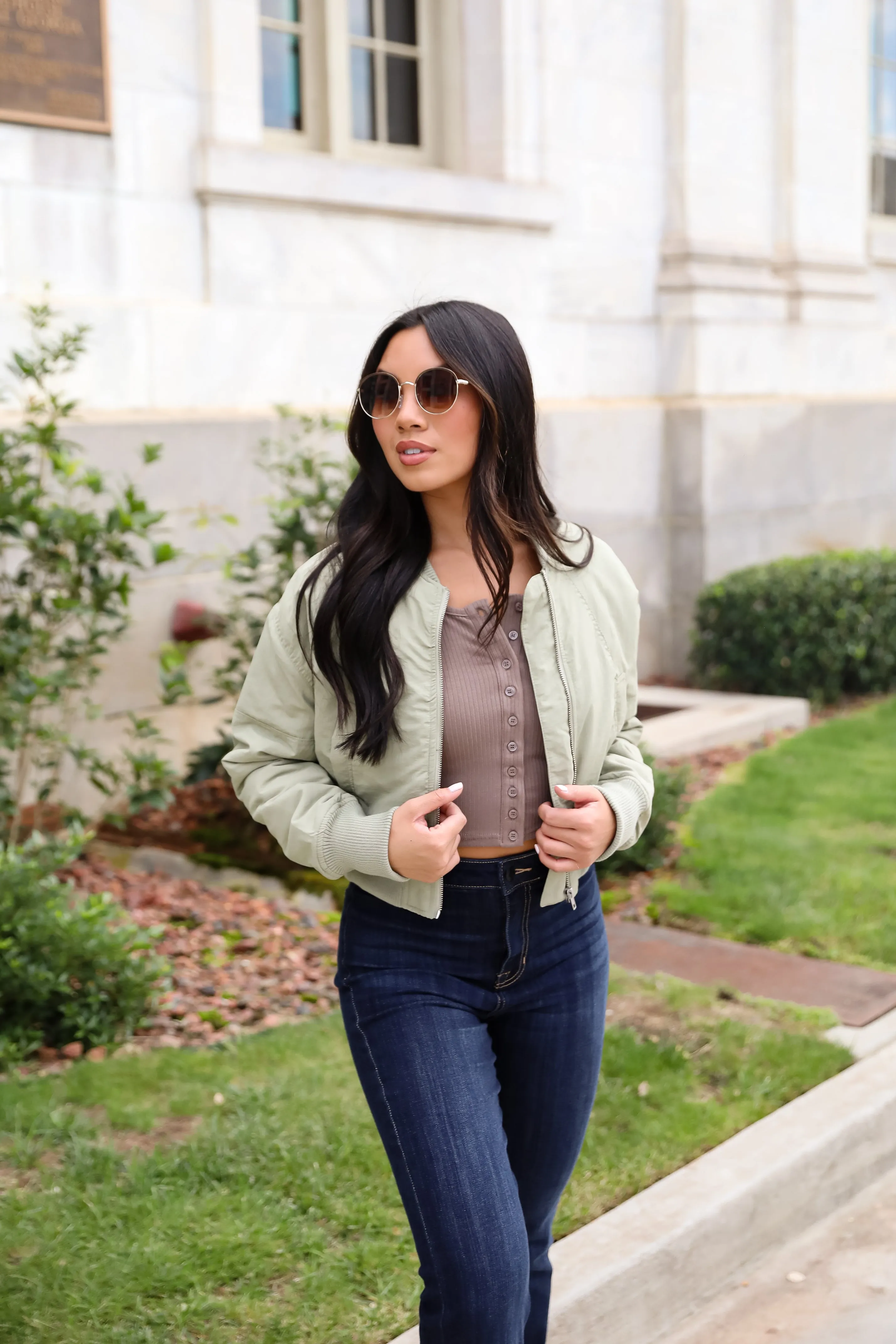 FINAL SALE - Cool Impulse Light Olive Cropped Bomber Jacket
