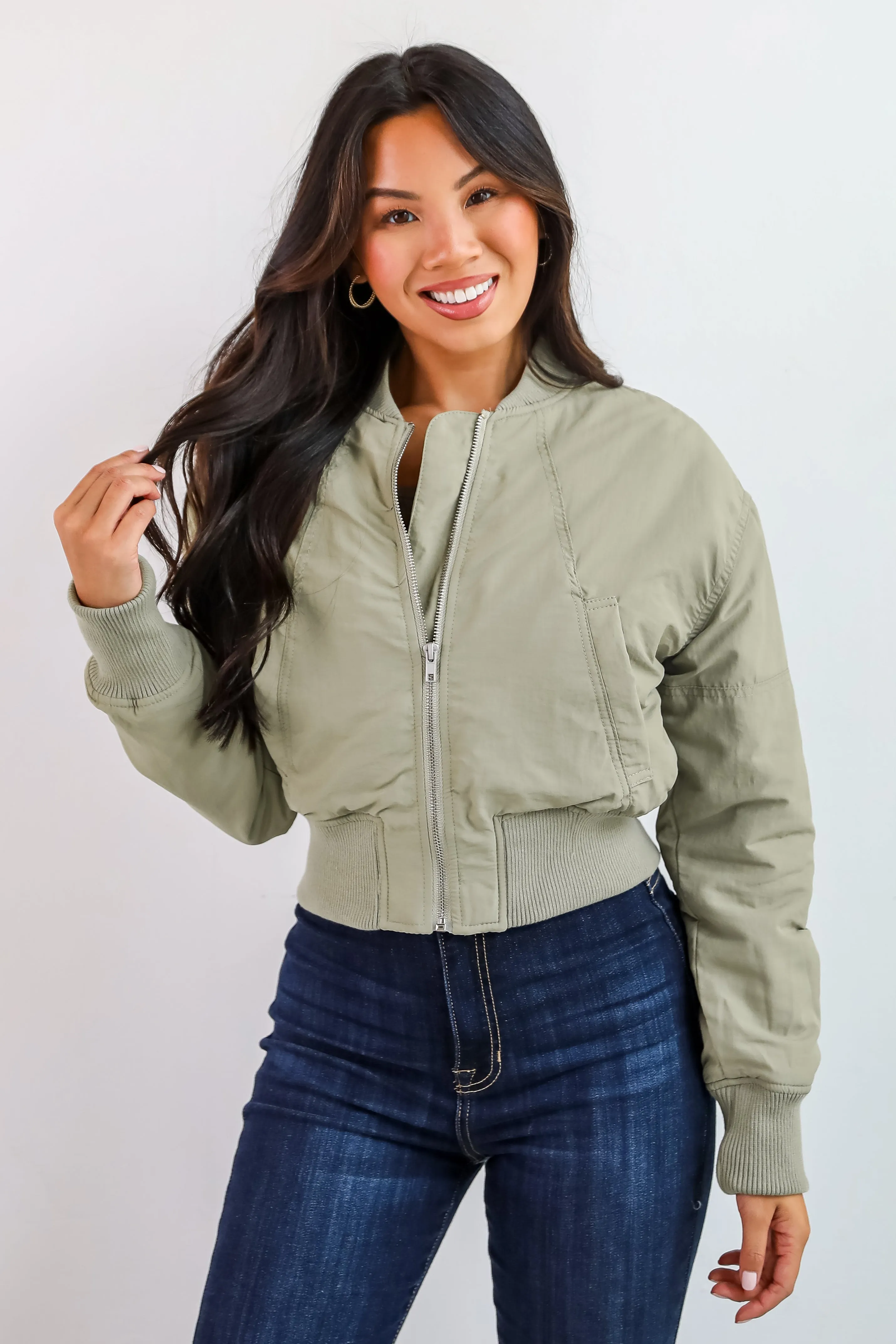 FINAL SALE - Cool Impulse Light Olive Cropped Bomber Jacket