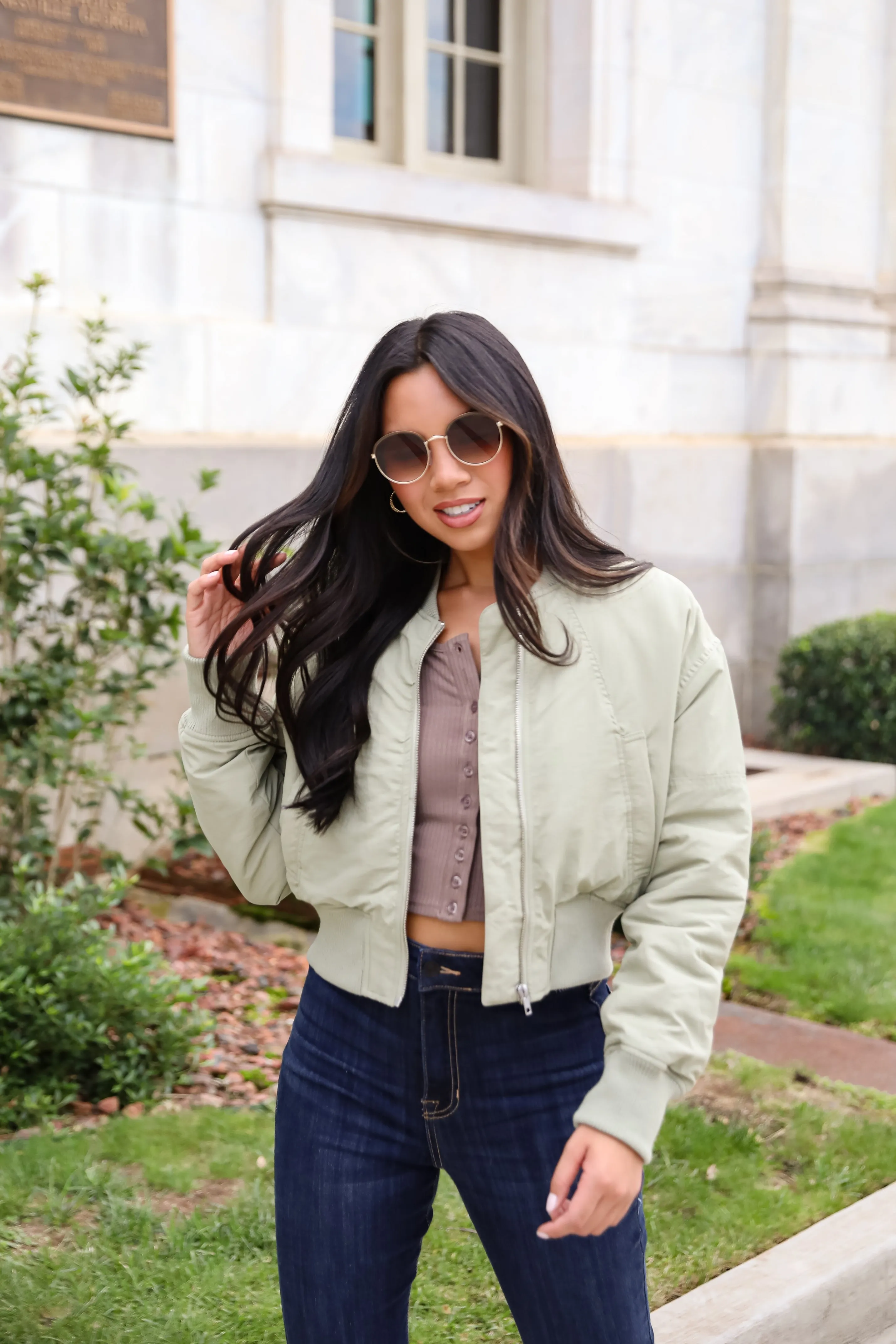 FINAL SALE - Cool Impulse Light Olive Cropped Bomber Jacket