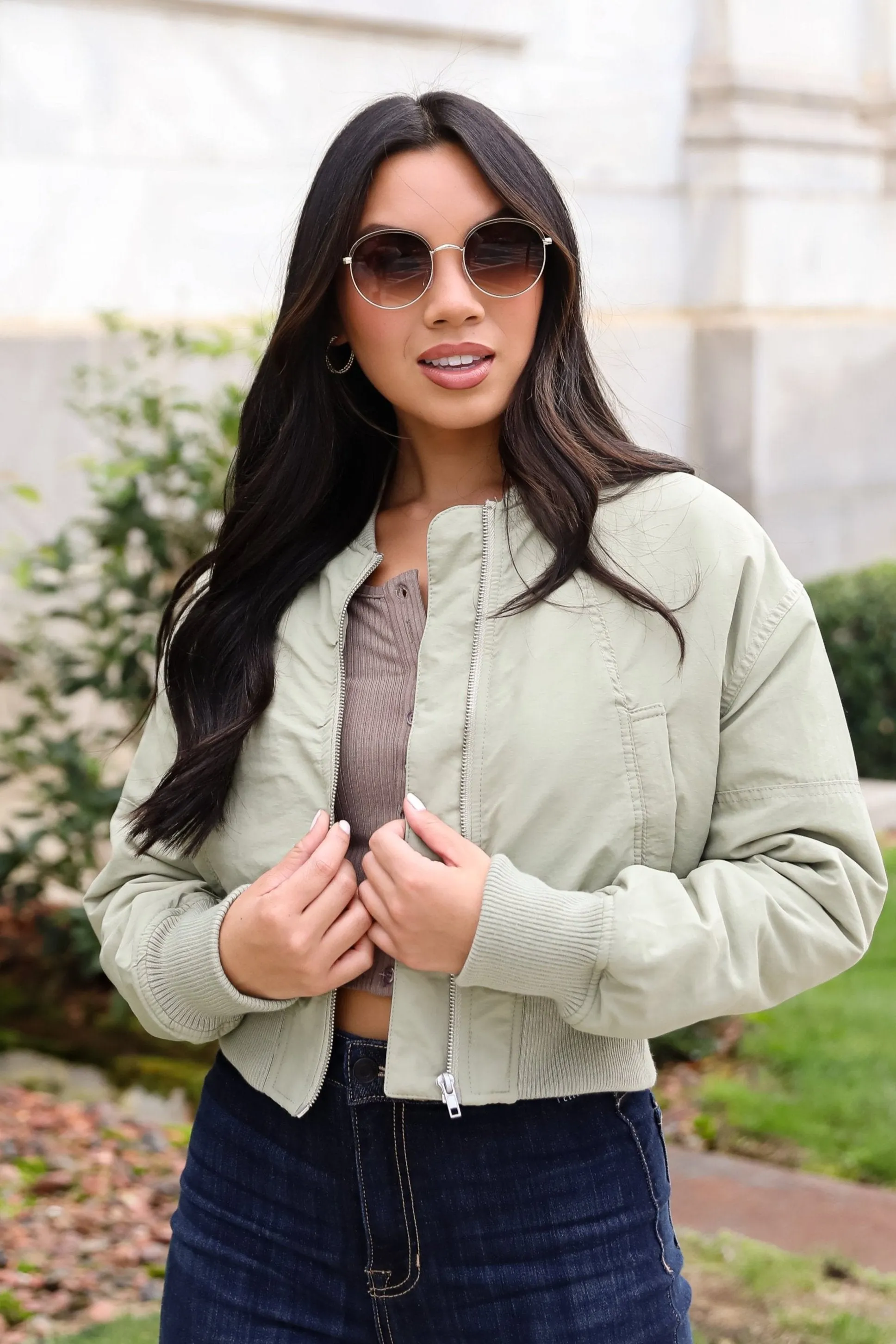 FINAL SALE - Cool Impulse Light Olive Cropped Bomber Jacket