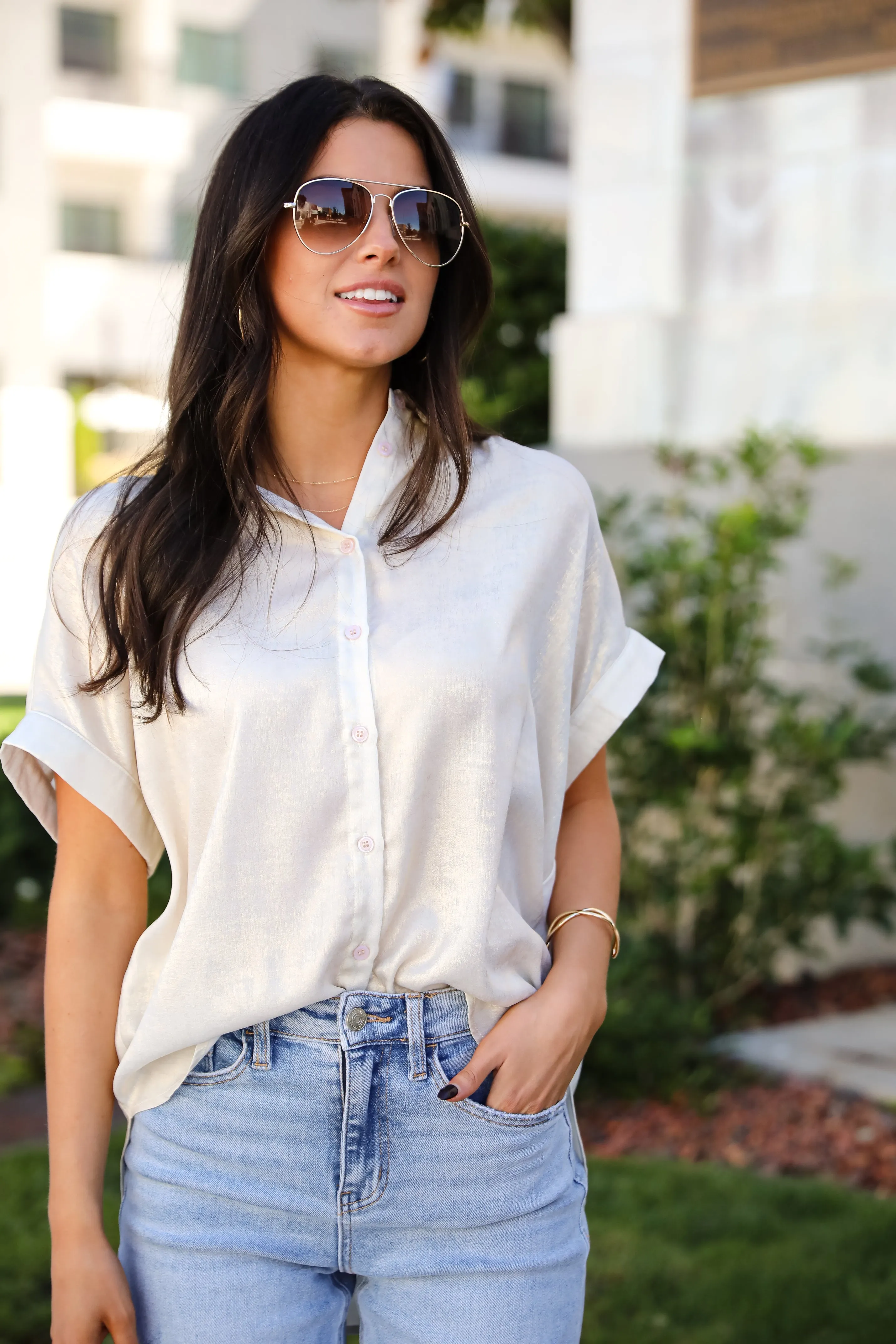 FINAL SALE - Dazzling Skill Ivory Metallic Blouse