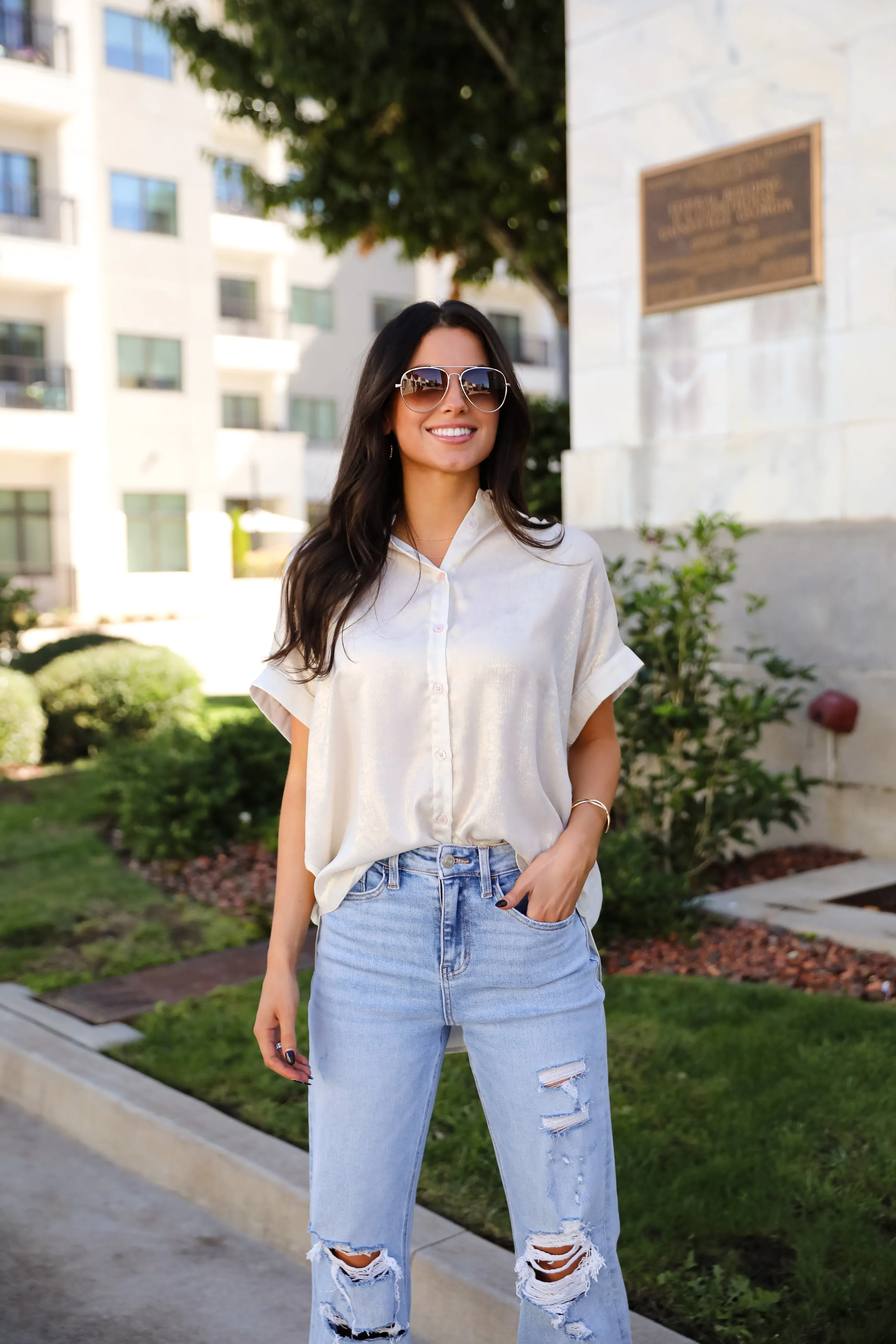 FINAL SALE - Dazzling Skill Ivory Metallic Blouse