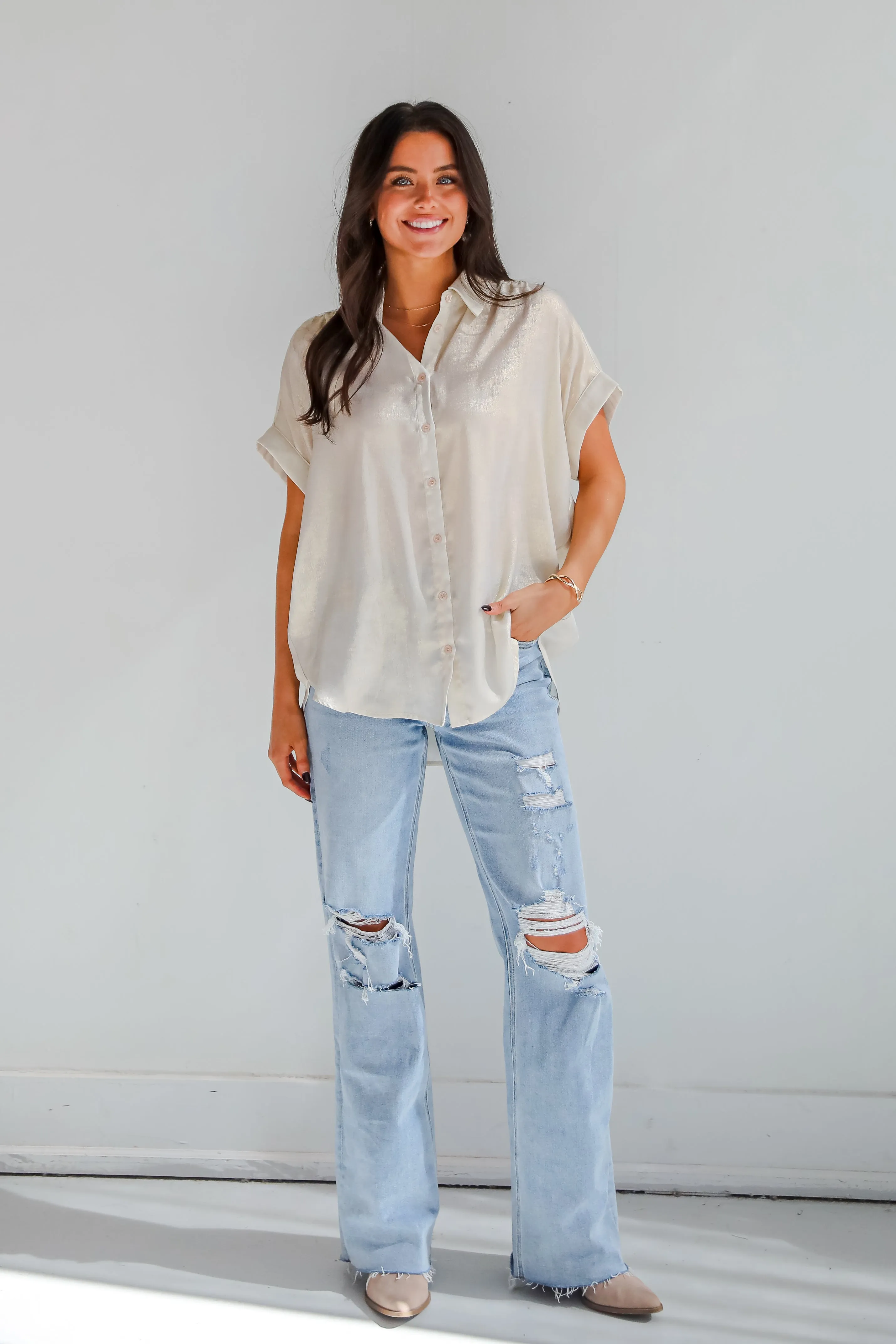 FINAL SALE - Dazzling Skill Ivory Metallic Blouse