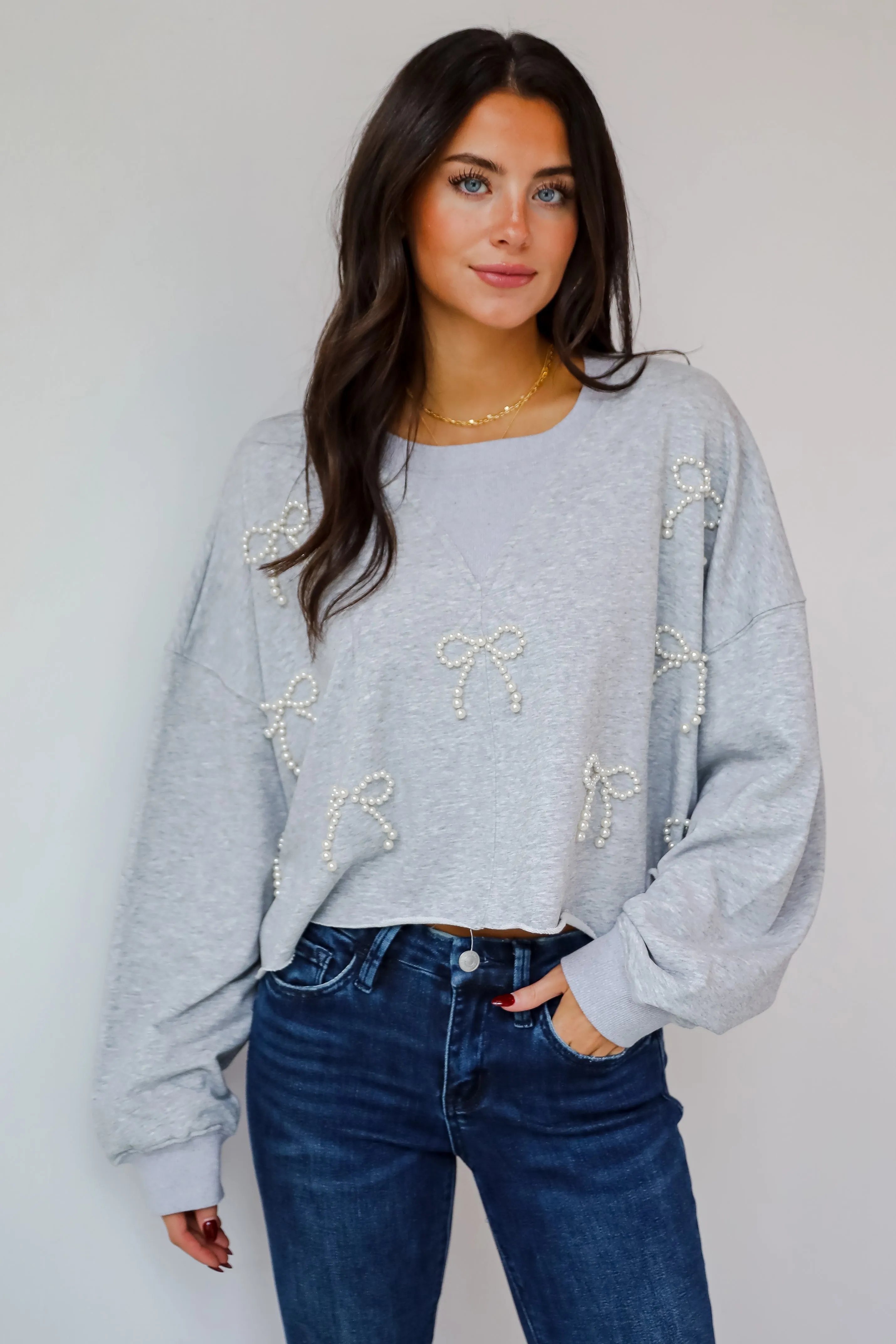 FINAL SALE - Dazzling Warmth Pearl Bow Cropped Pullover