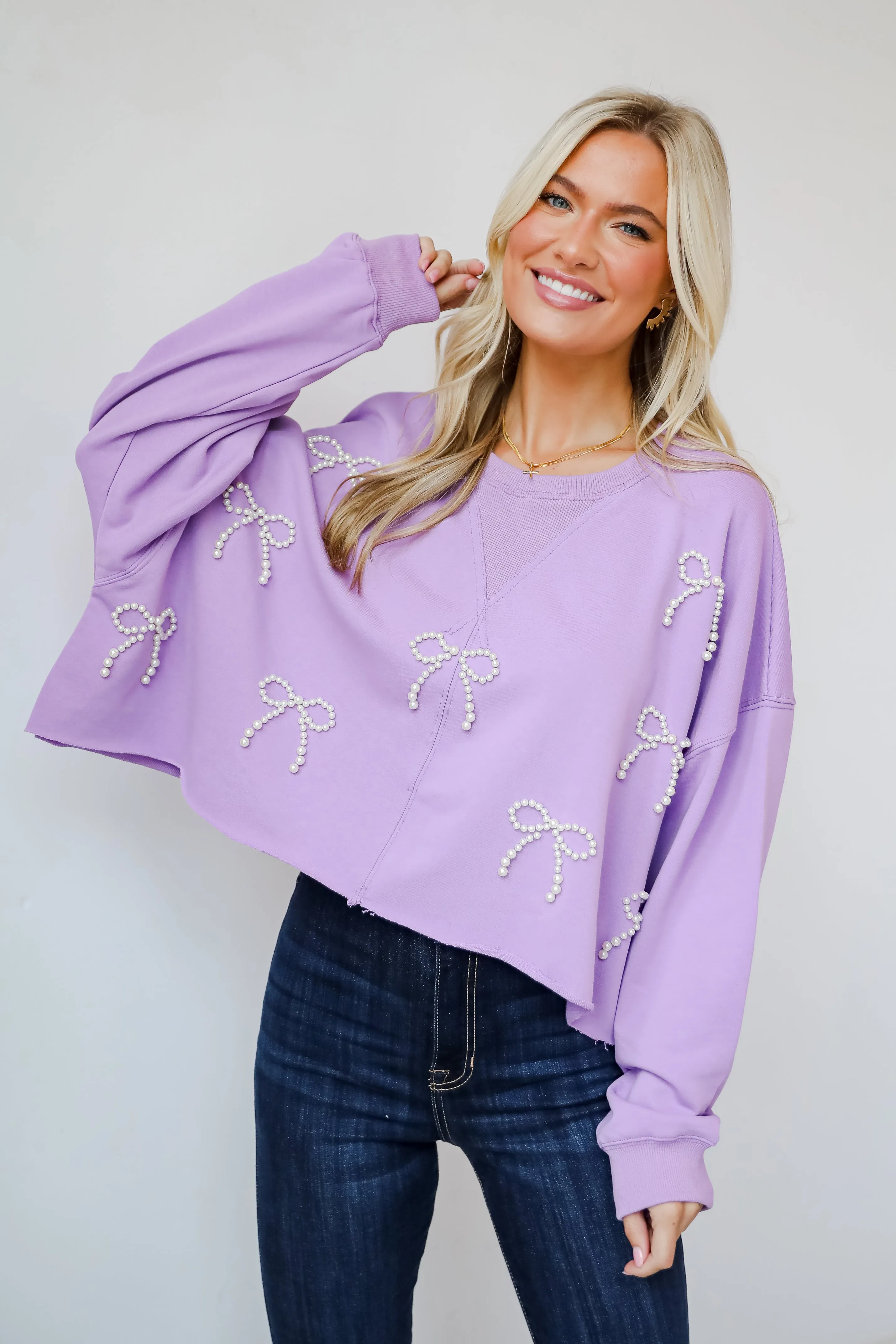 FINAL SALE - Dazzling Warmth Pearl Bow Cropped Pullover